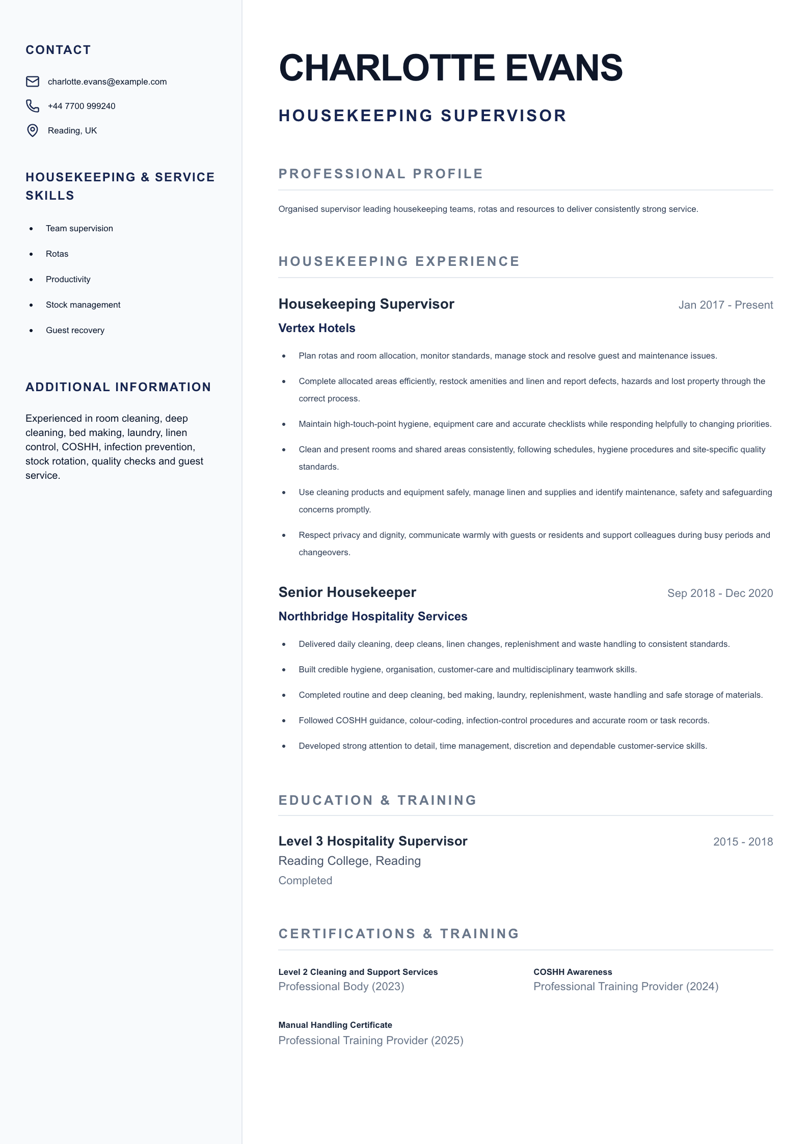 Housekeeping Supervisor CV template