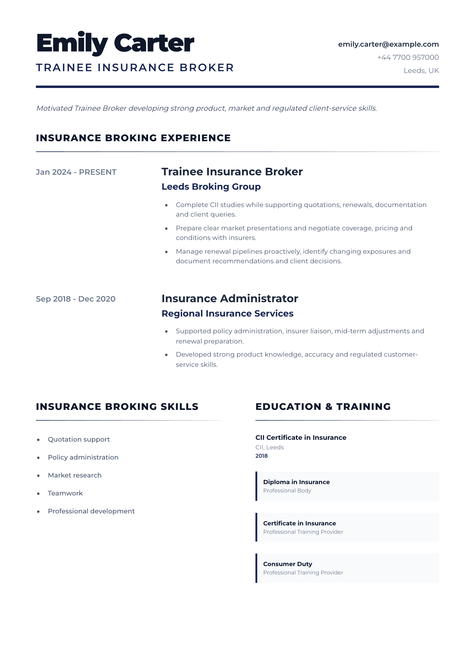Trainee Insurance Broker CV template