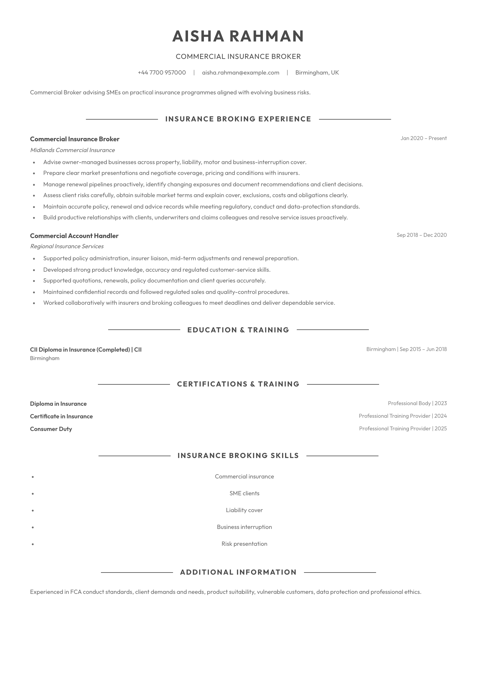 Commercial Insurance Broker CV template
