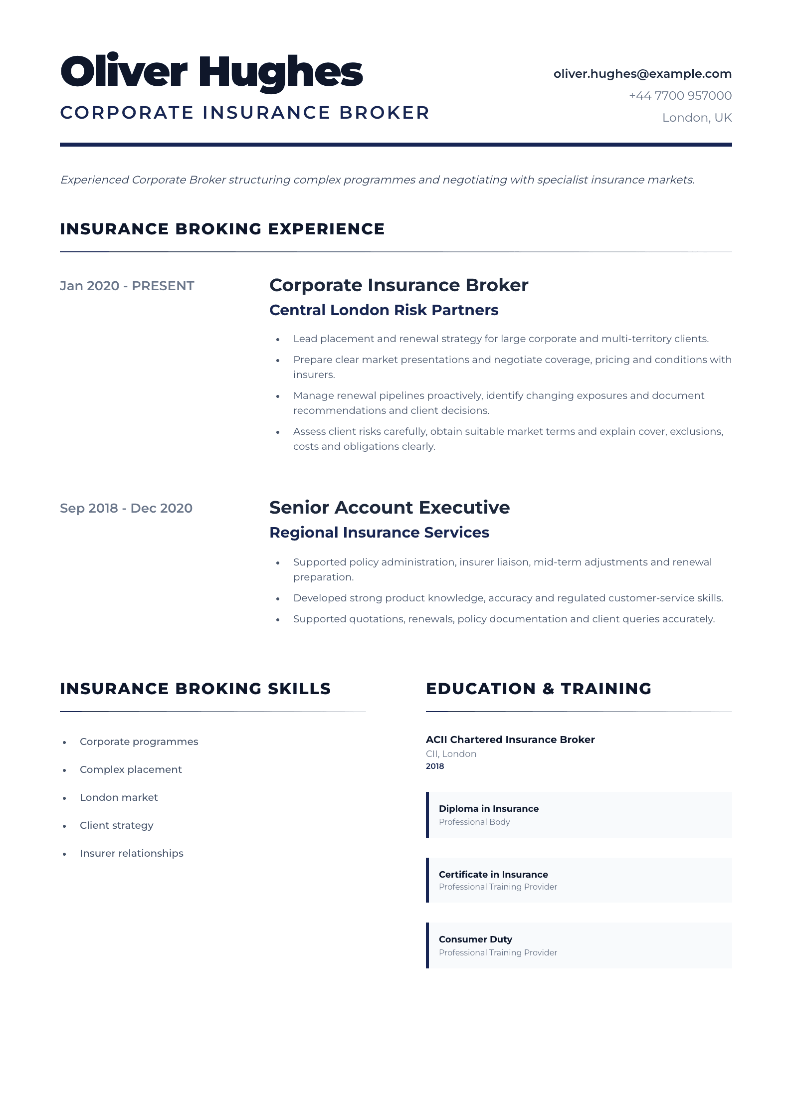 Corporate Insurance Broker CV template