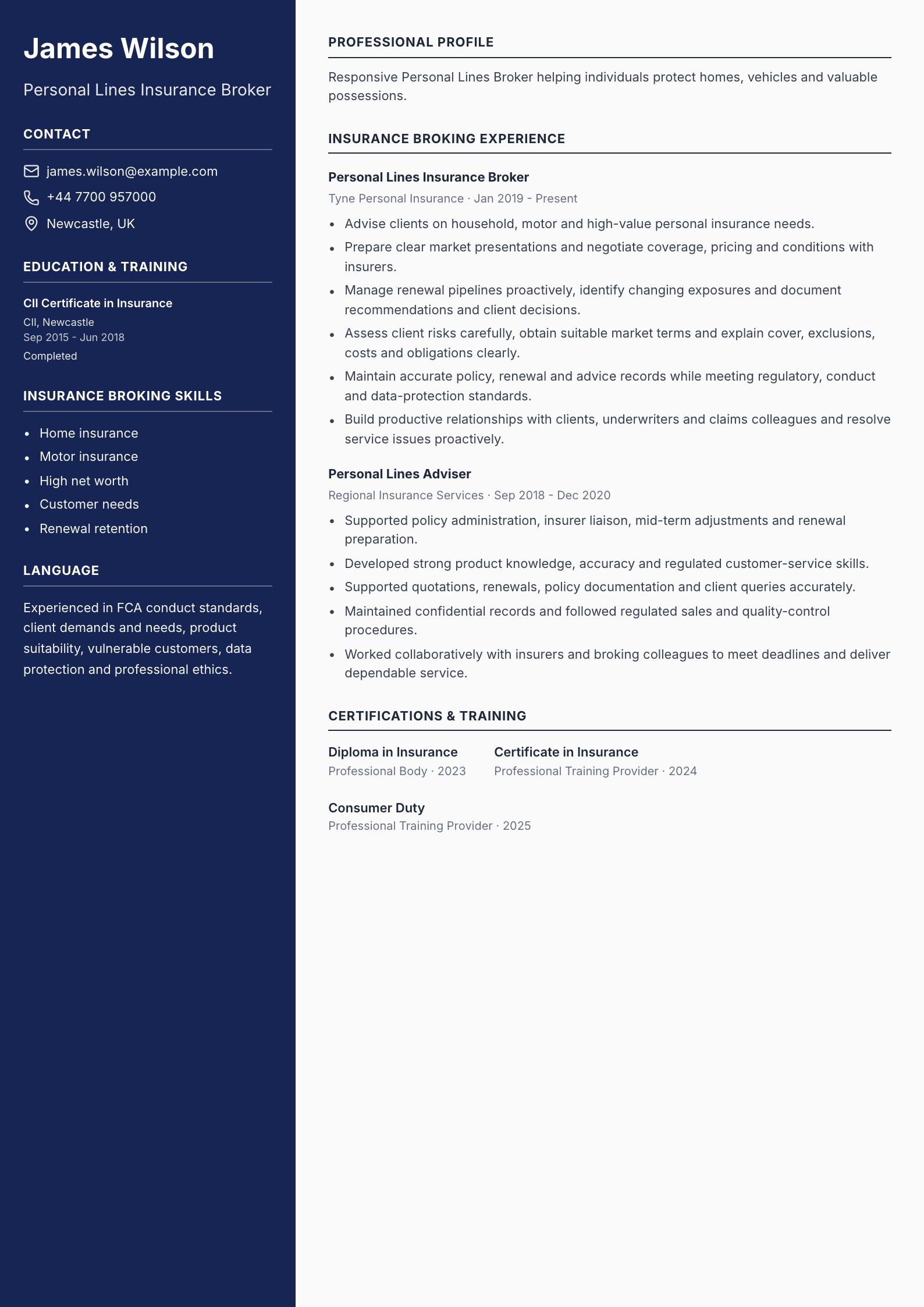 Personal Lines Insurance Broker CV template