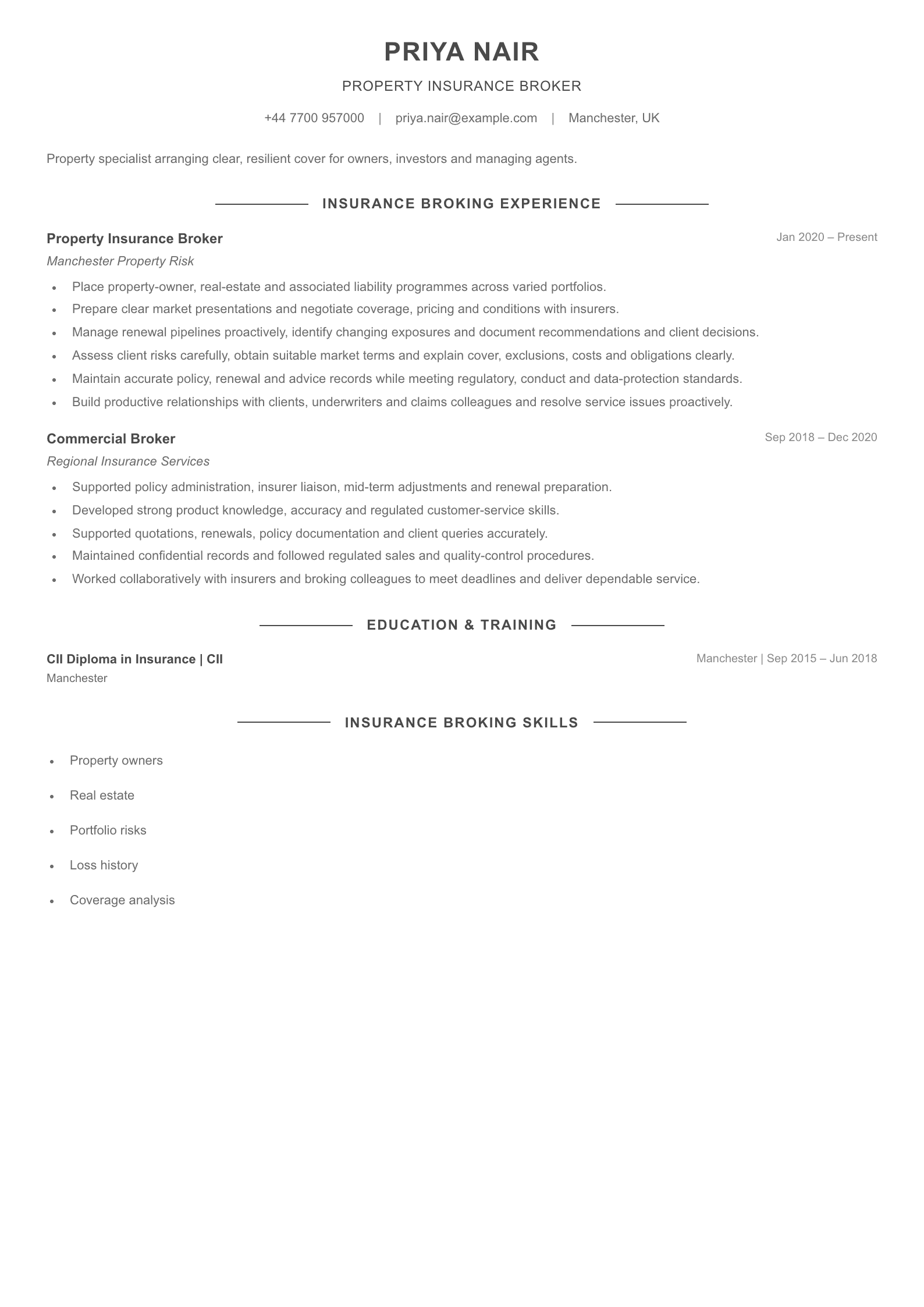 Property Insurance Broker CV template