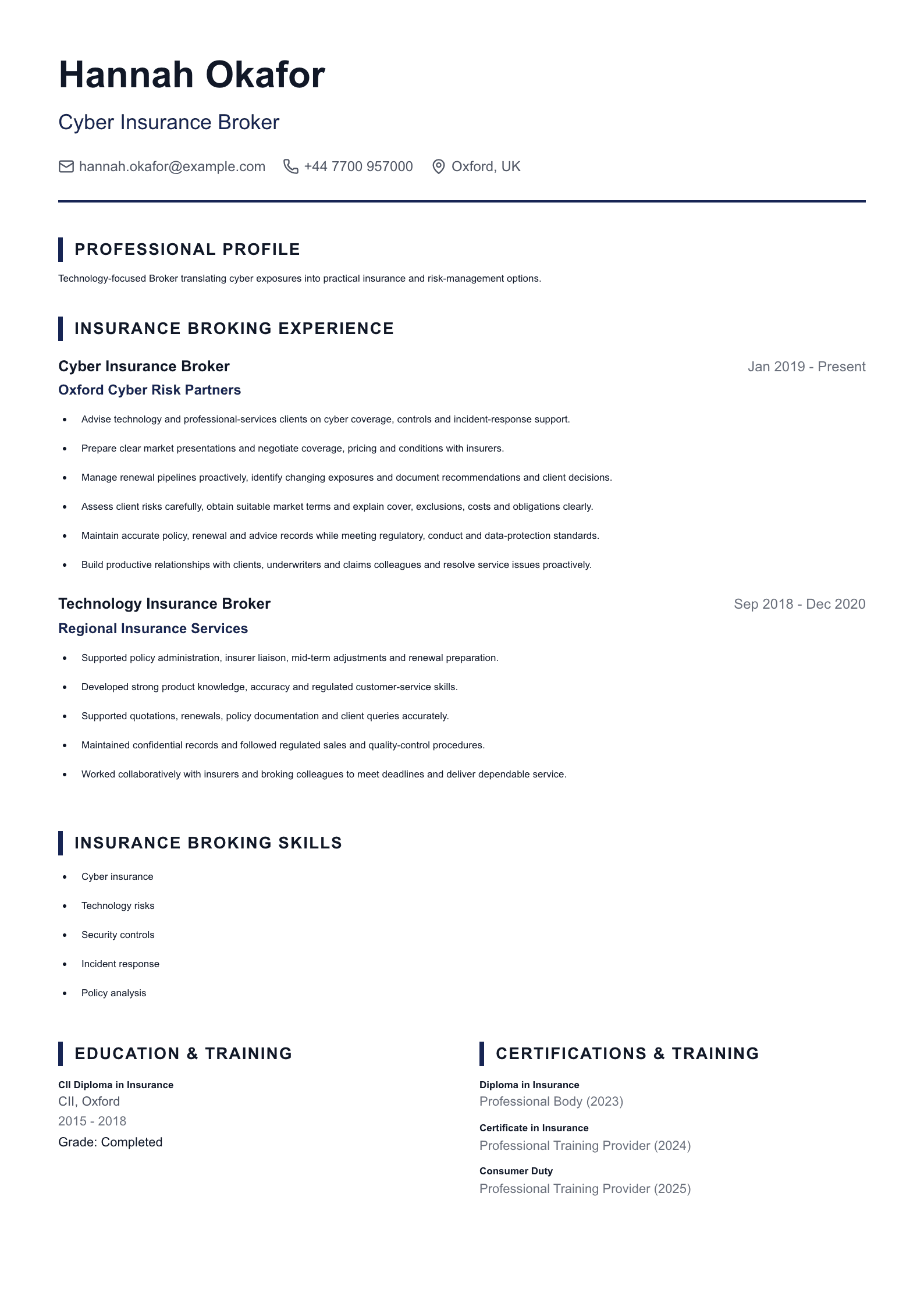 Cyber Insurance Broker CV template