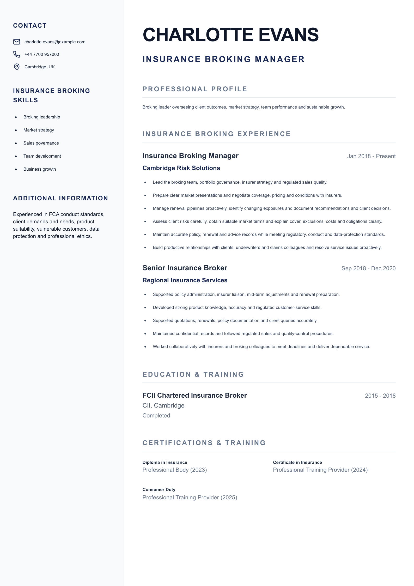 Insurance Broking Manager CV template