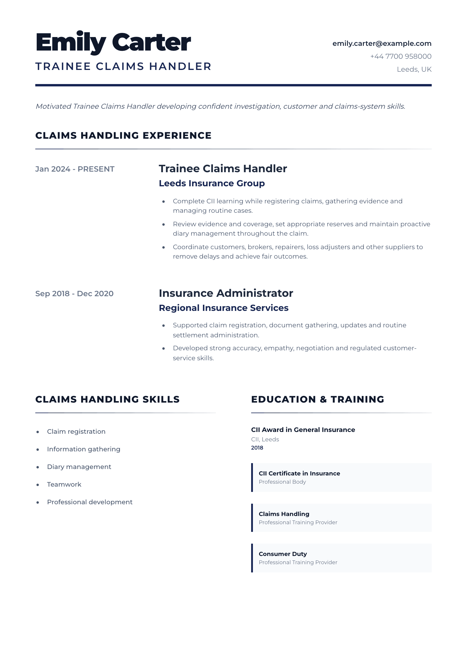 Trainee Claims Handler CV template