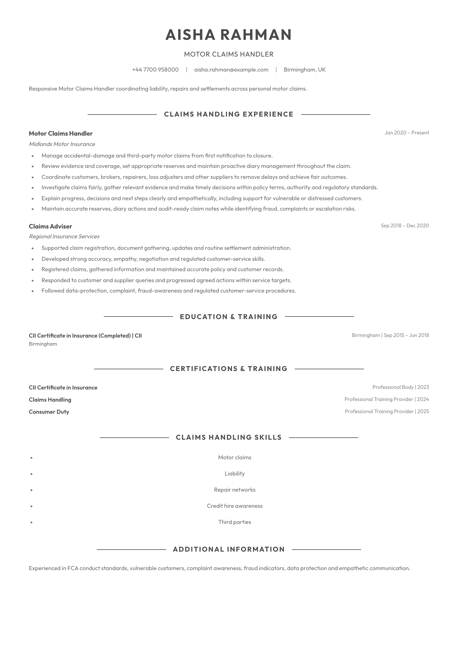 Motor Claims Handler CV template