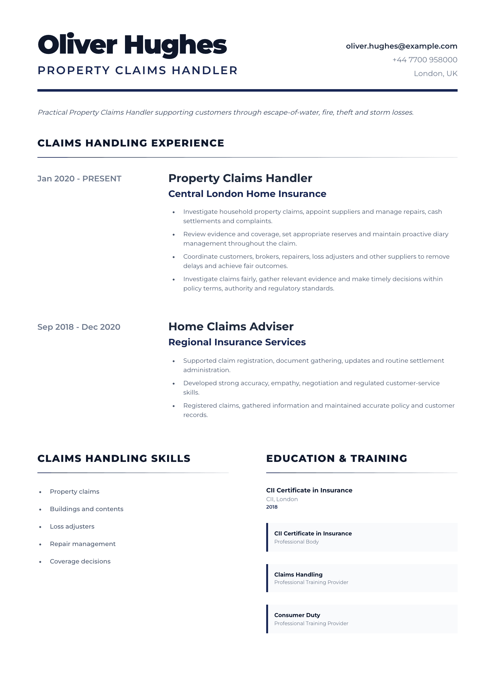 Property Claims Handler CV template