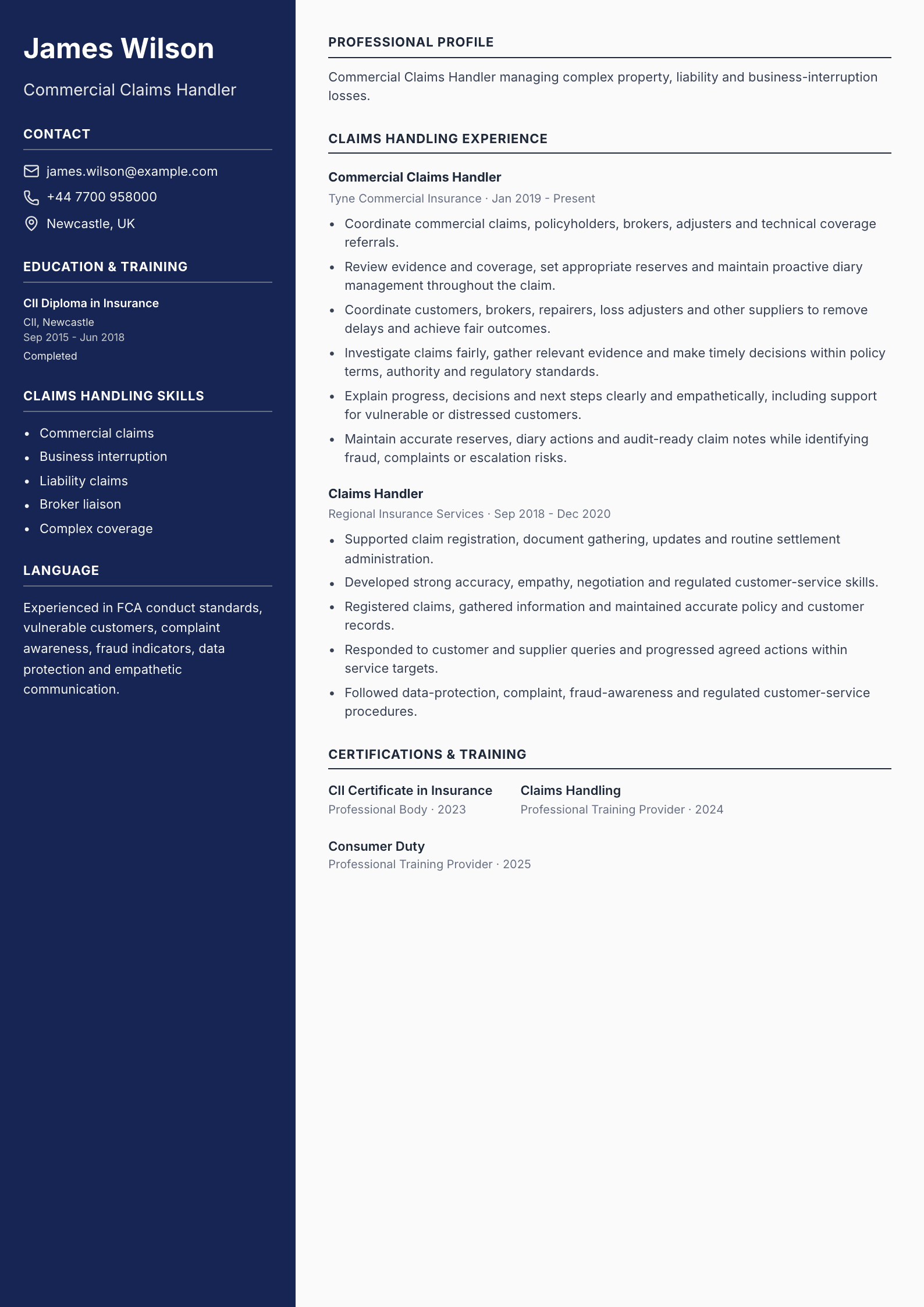 Commercial Claims Handler CV template
