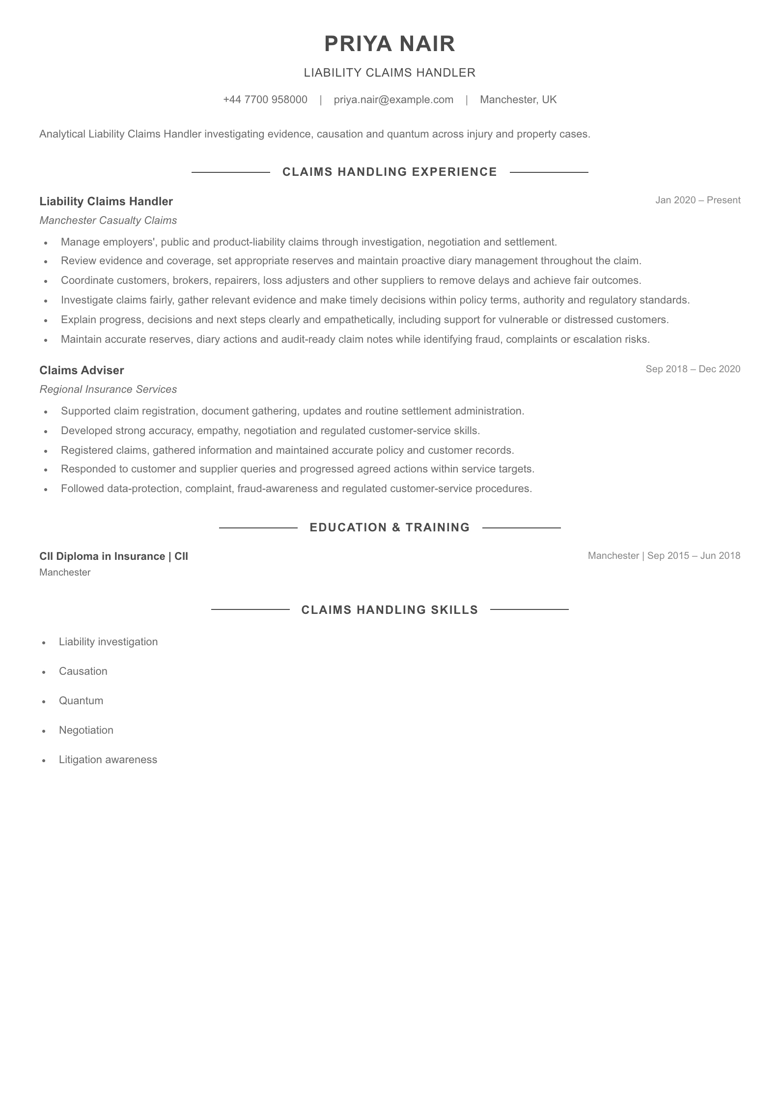 Liability Claims Handler CV template