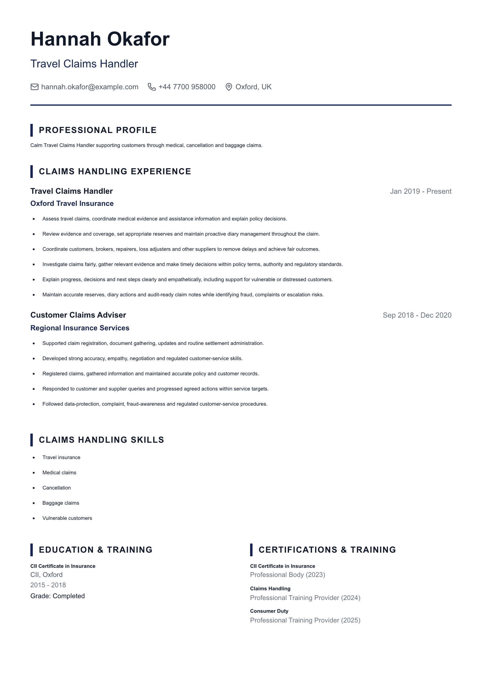 Travel Claims Handler CV template