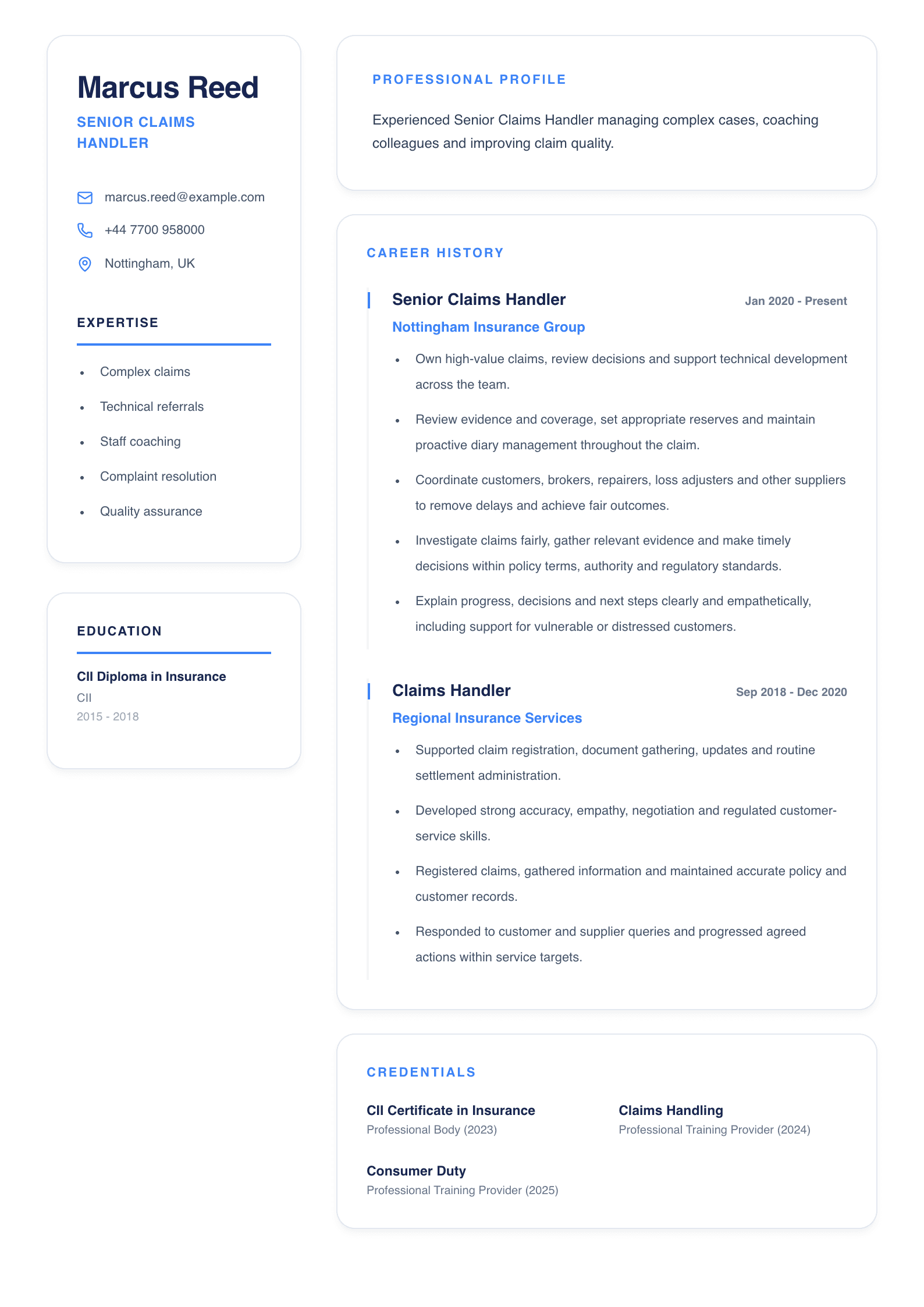 Senior Claims Handler CV template