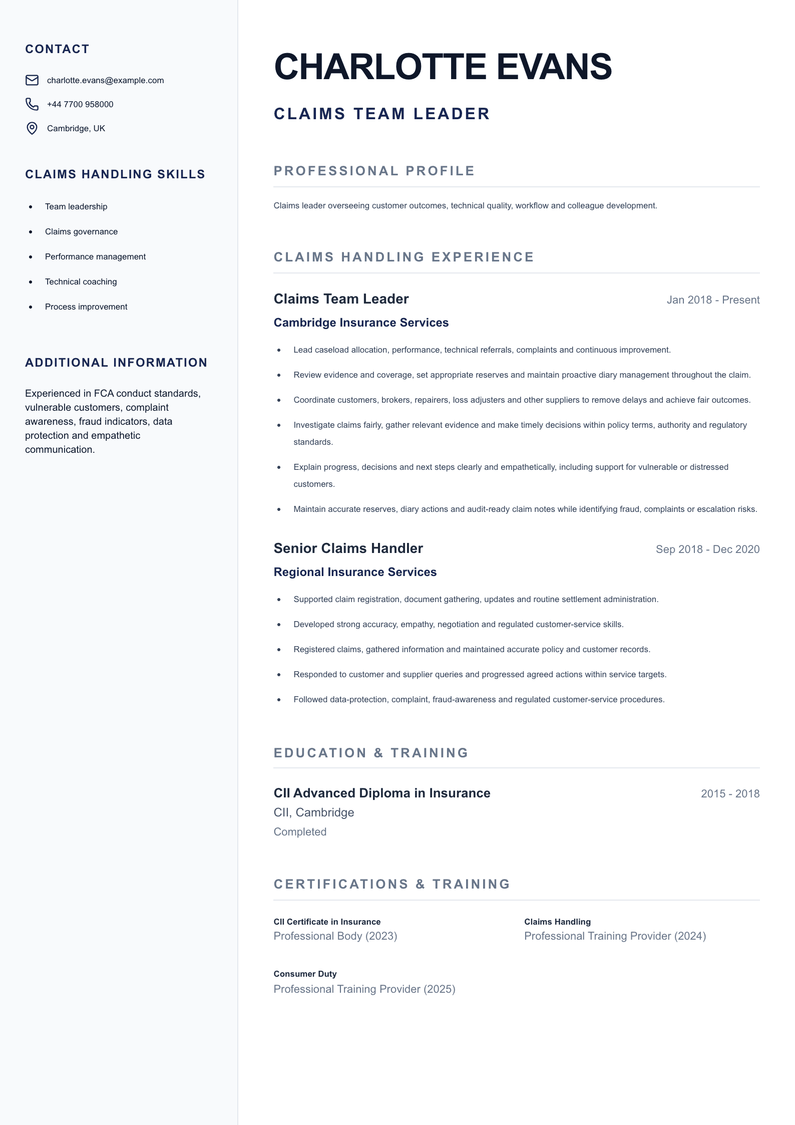 Claims Team Leader CV template