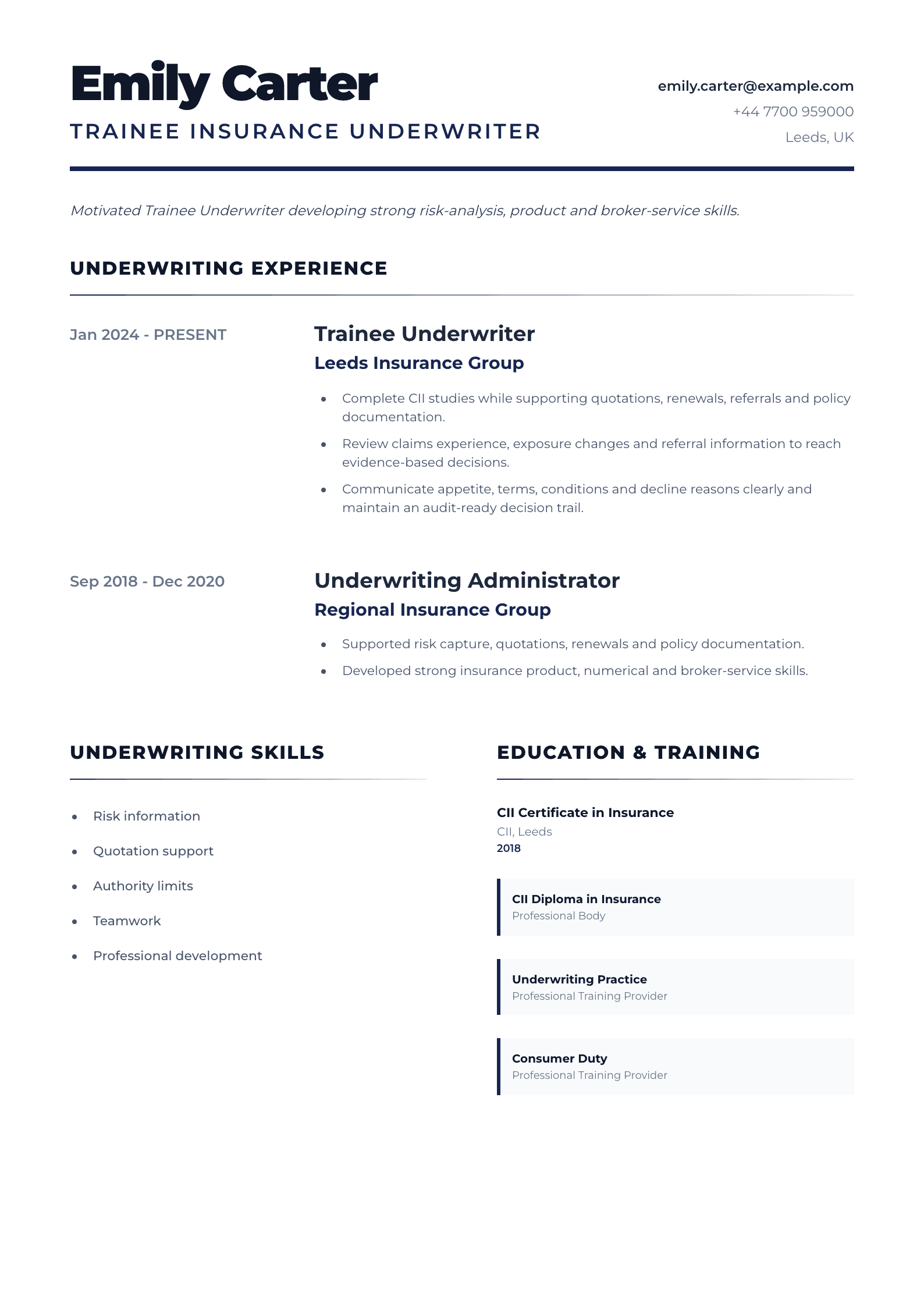 Trainee Insurance Underwriter CV template
