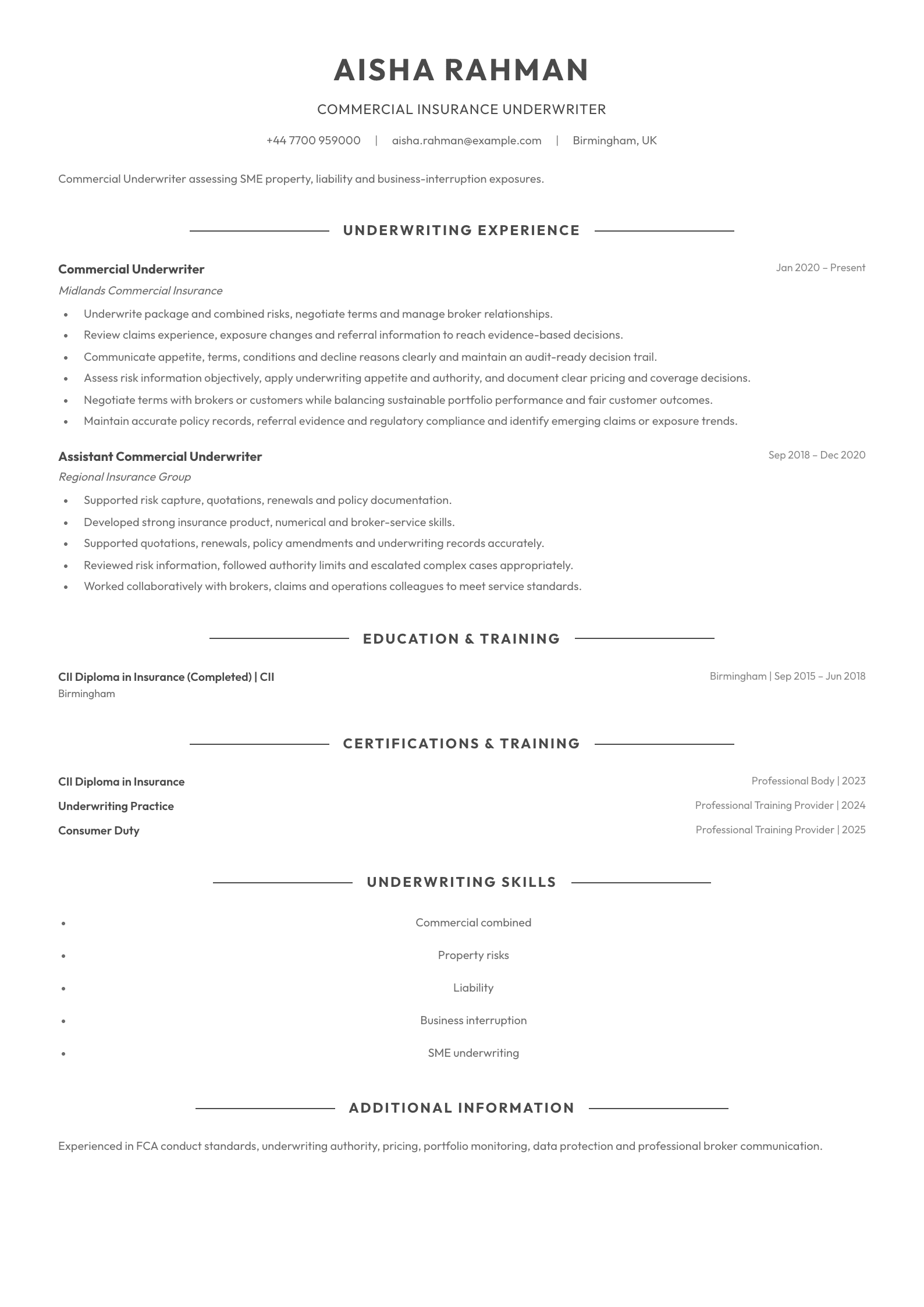 Commercial Insurance Underwriter CV template