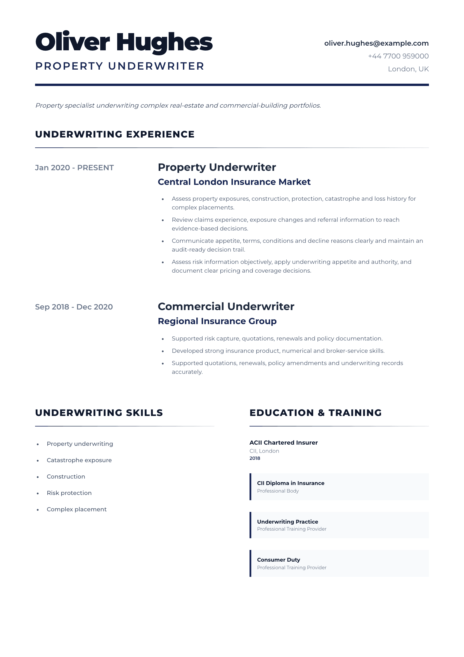 Property Underwriter CV template