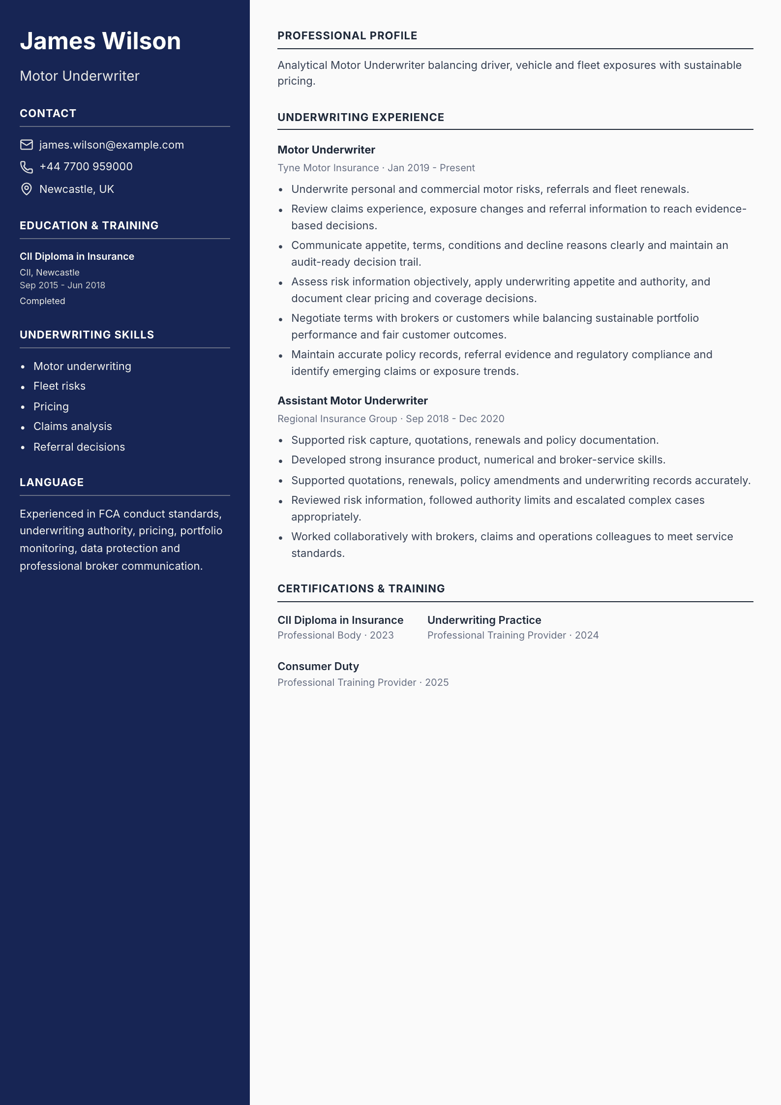 Motor Underwriter CV template