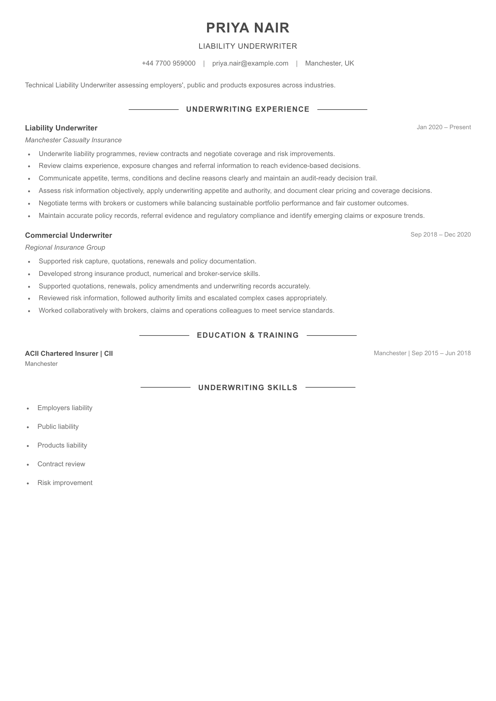 Liability Underwriter CV template