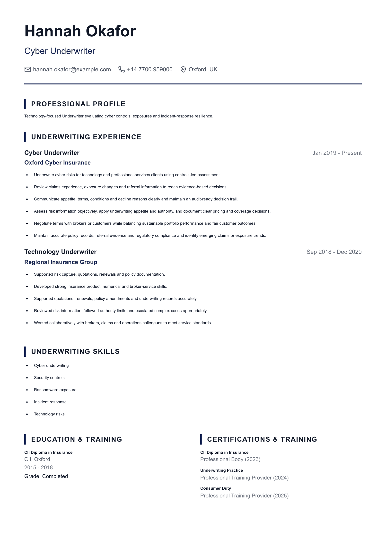 Cyber Underwriter CV template