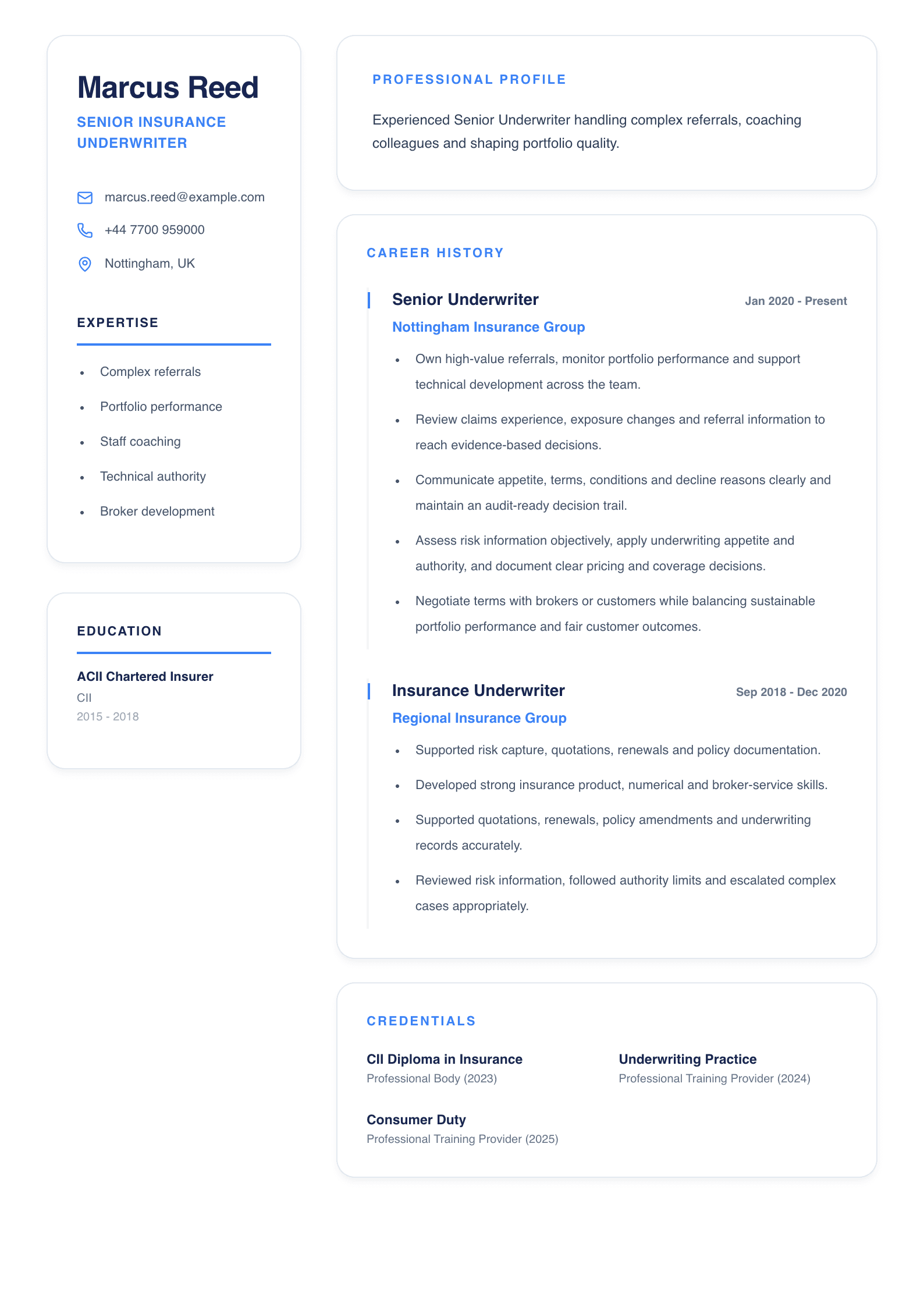 Senior Insurance Underwriter CV template