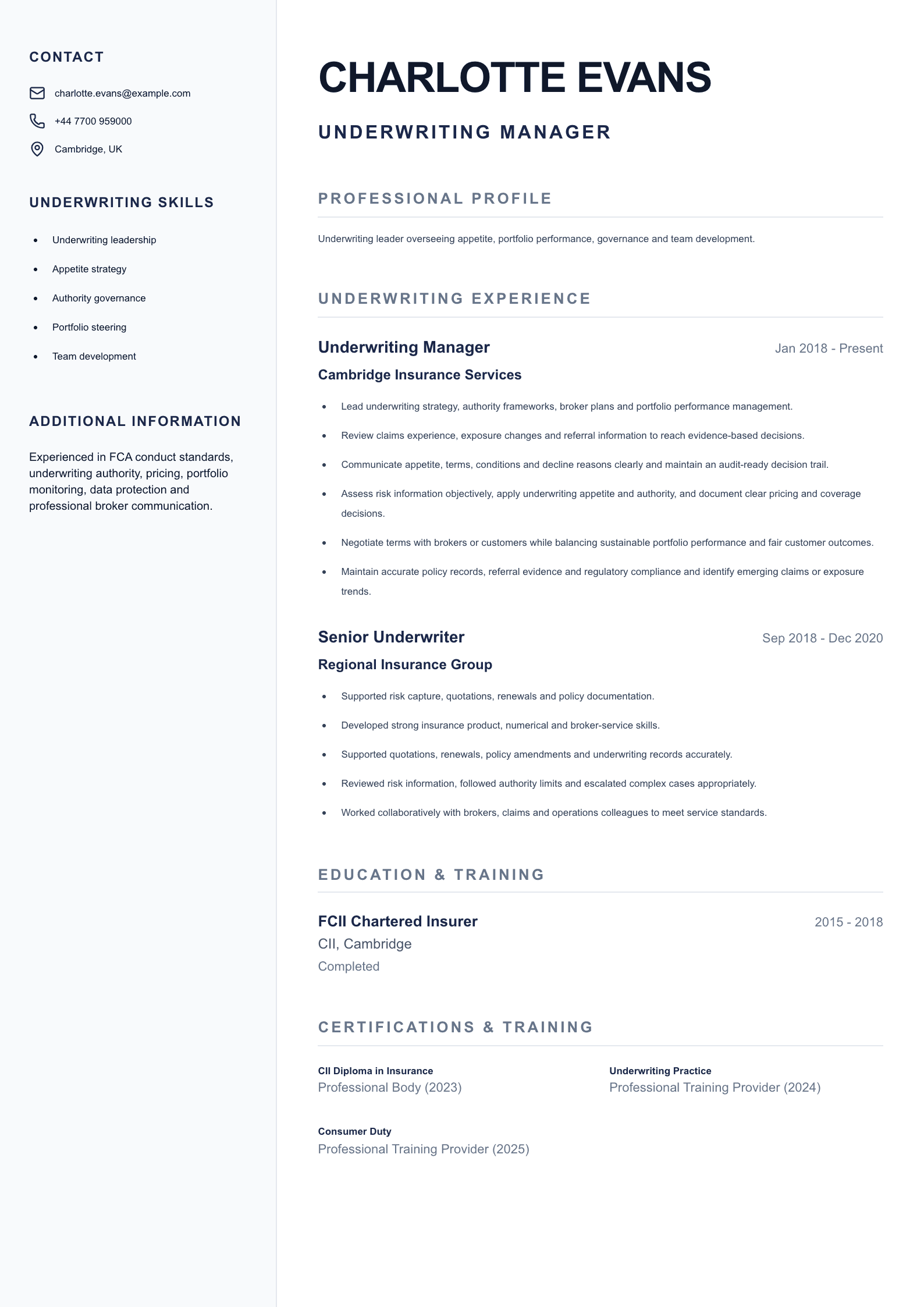 Underwriting Manager CV template