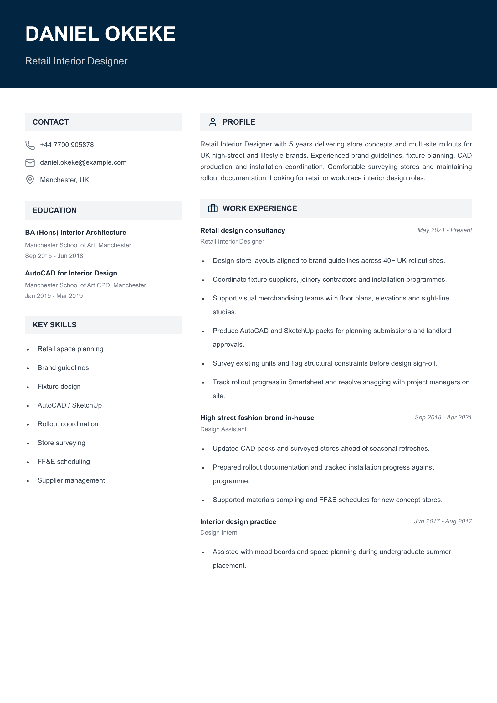 retail interior designer cv template