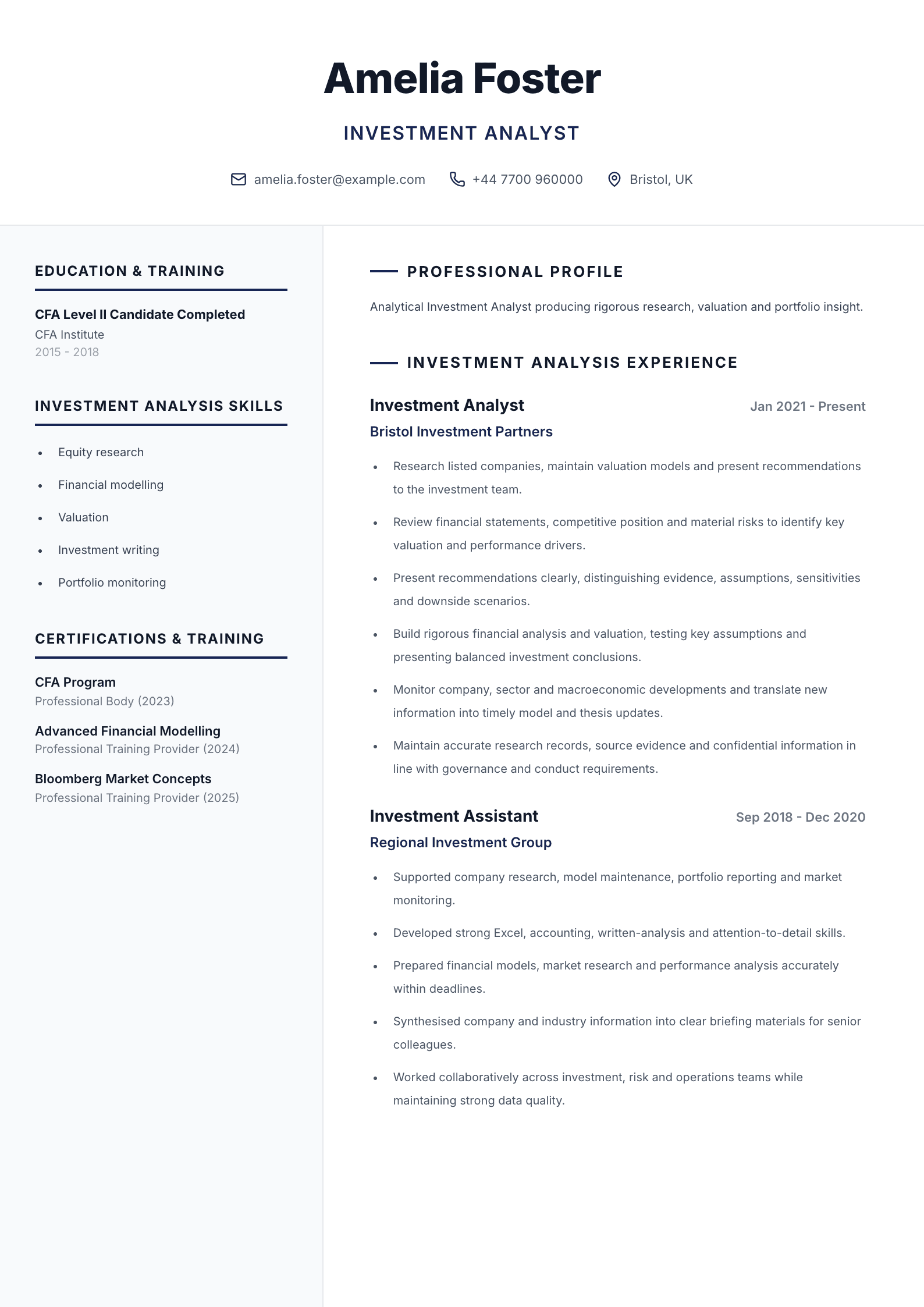 Investment analyst CV
