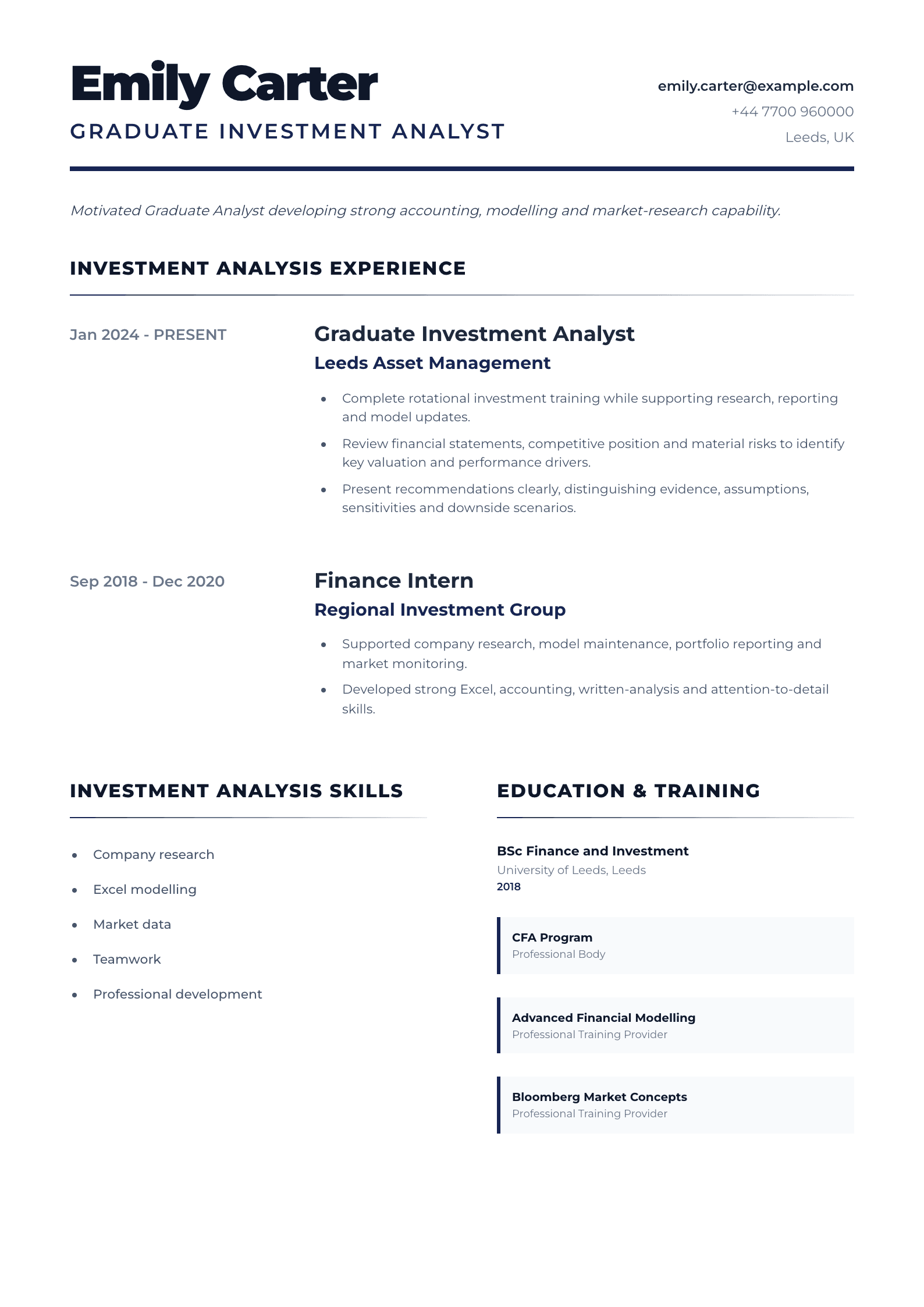 Graduate Investment Analyst CV template