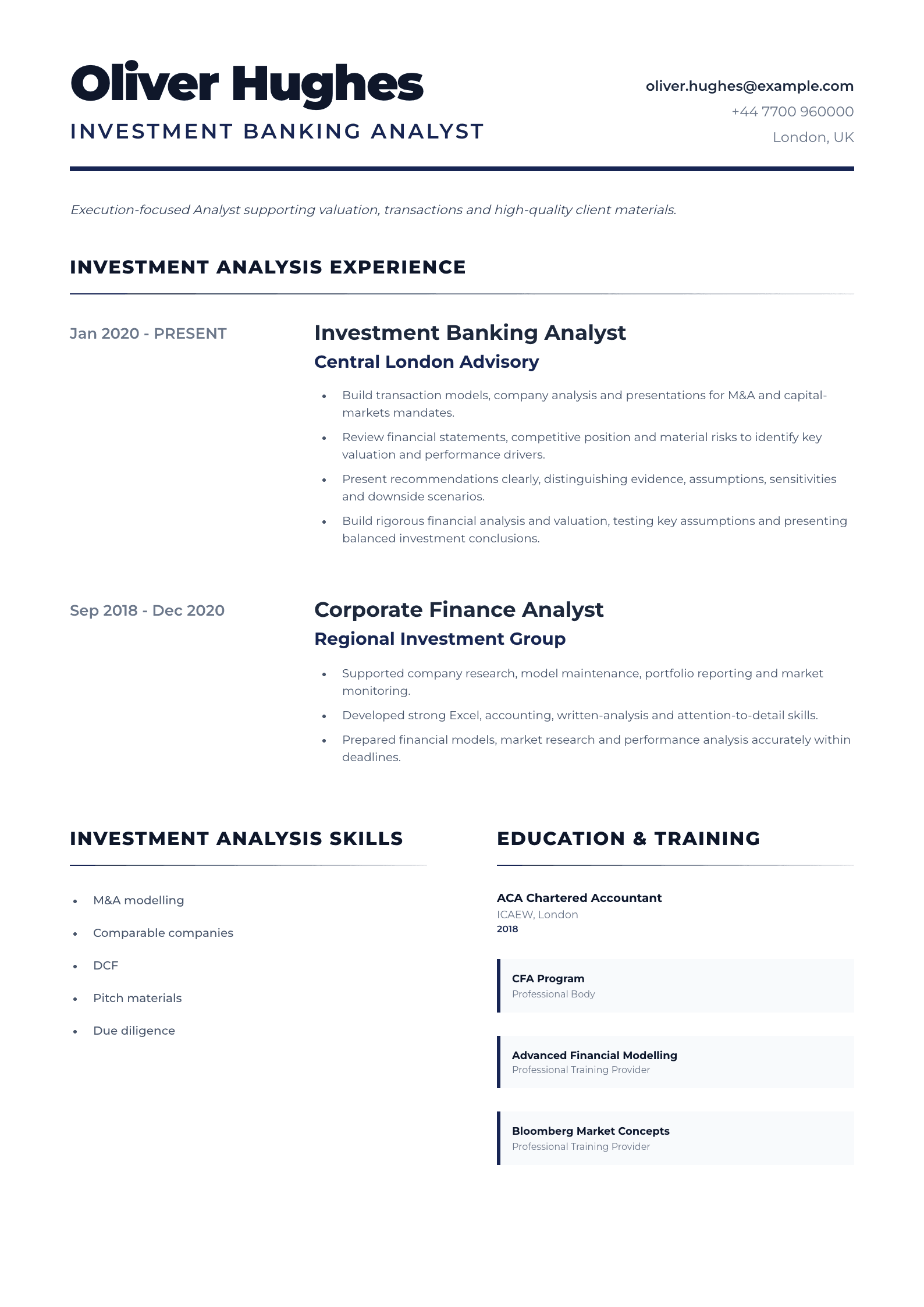 Investment Banking Analyst CV template