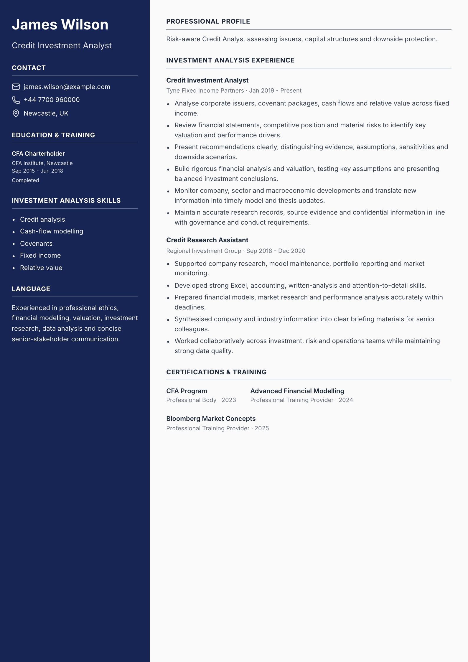 Credit Investment Analyst CV template