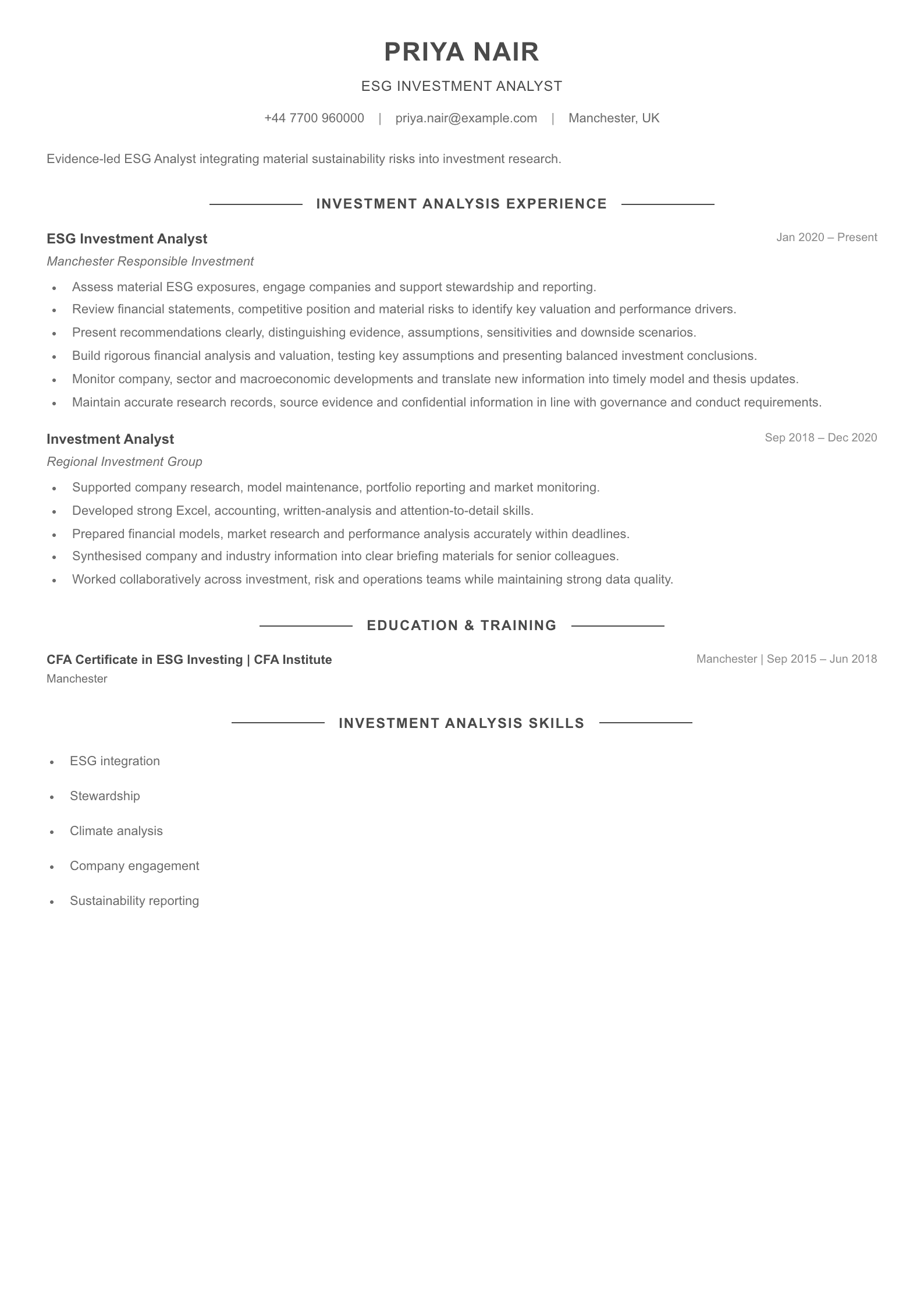 ESG Investment Analyst CV template