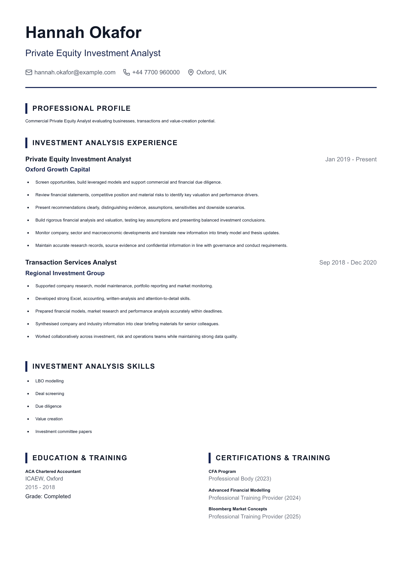 Private Equity Investment Analyst CV template