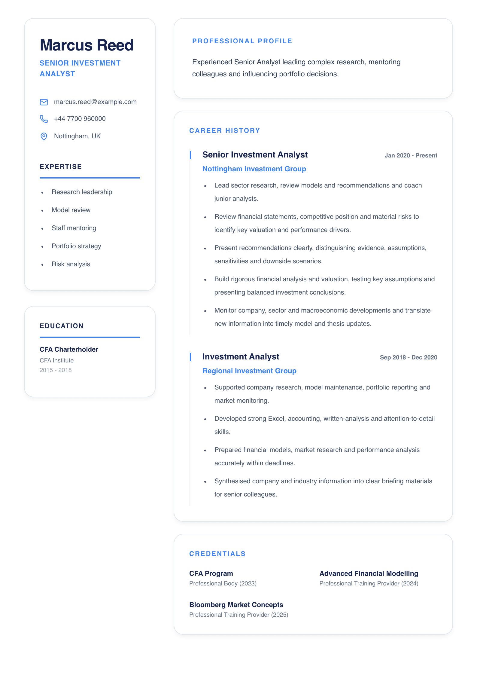 Senior Investment Analyst CV template