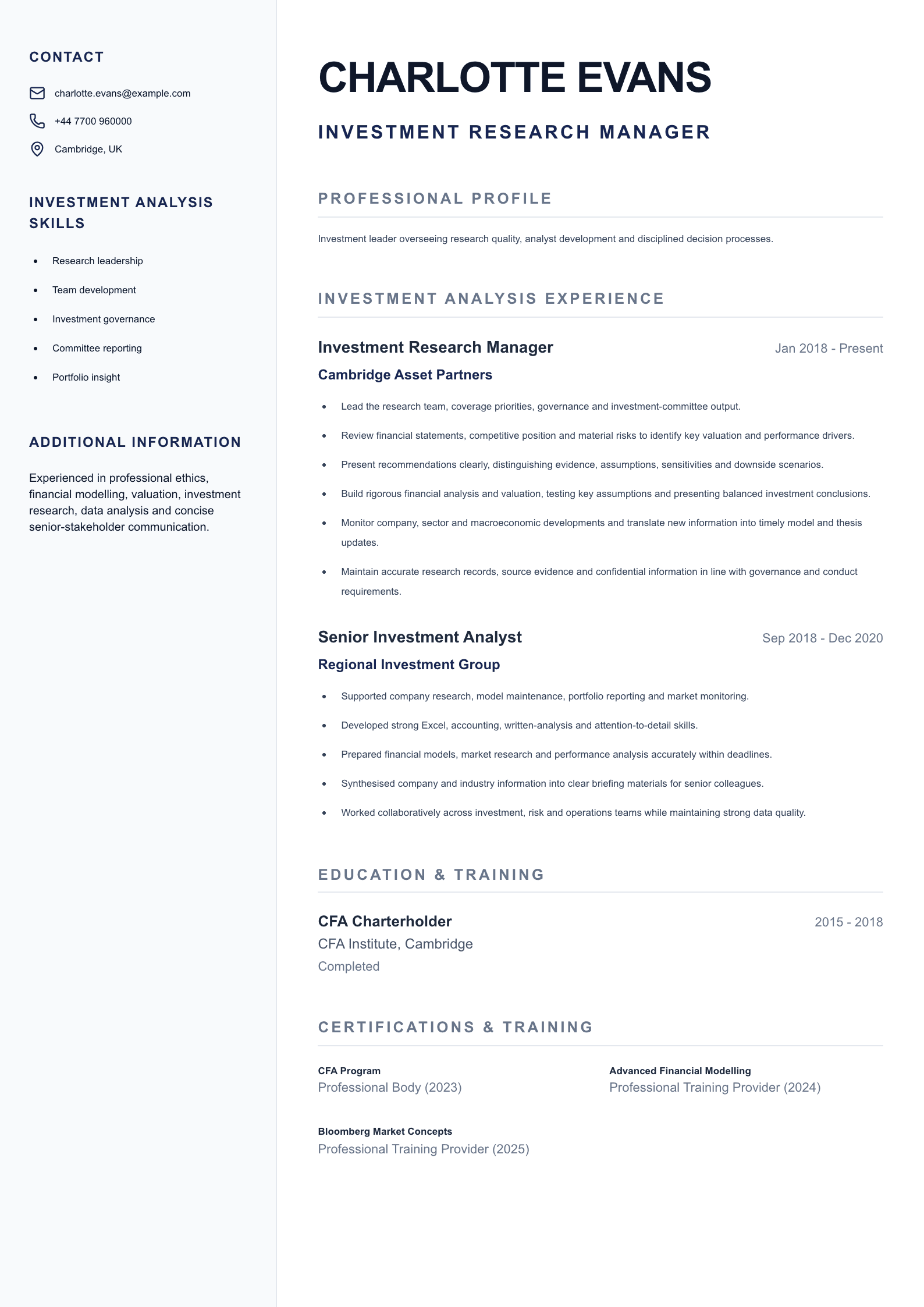 Investment Research Manager CV template