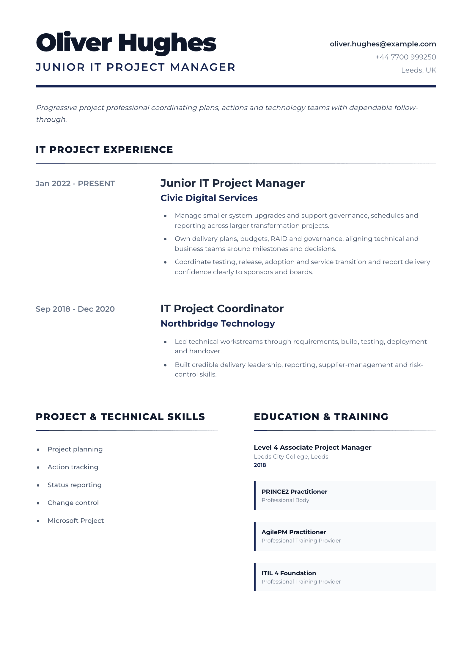 Junior IT Project Manager CV template
