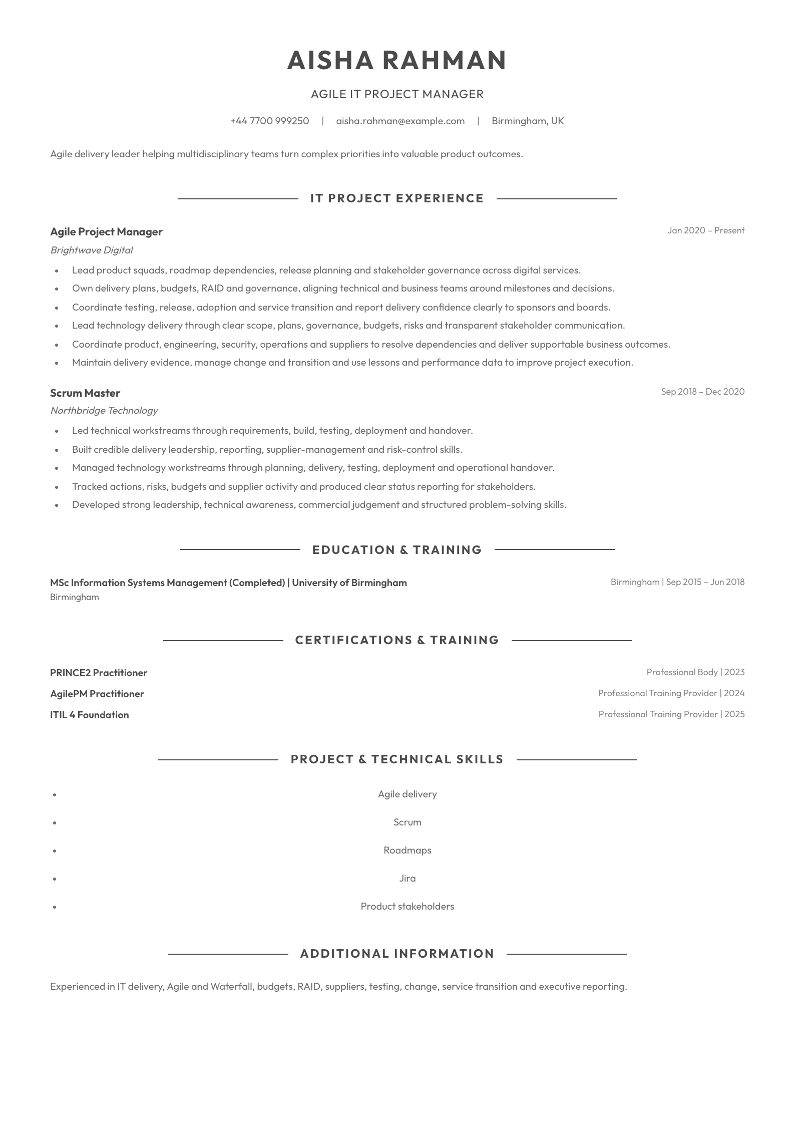 Agile IT Project Manager CV template