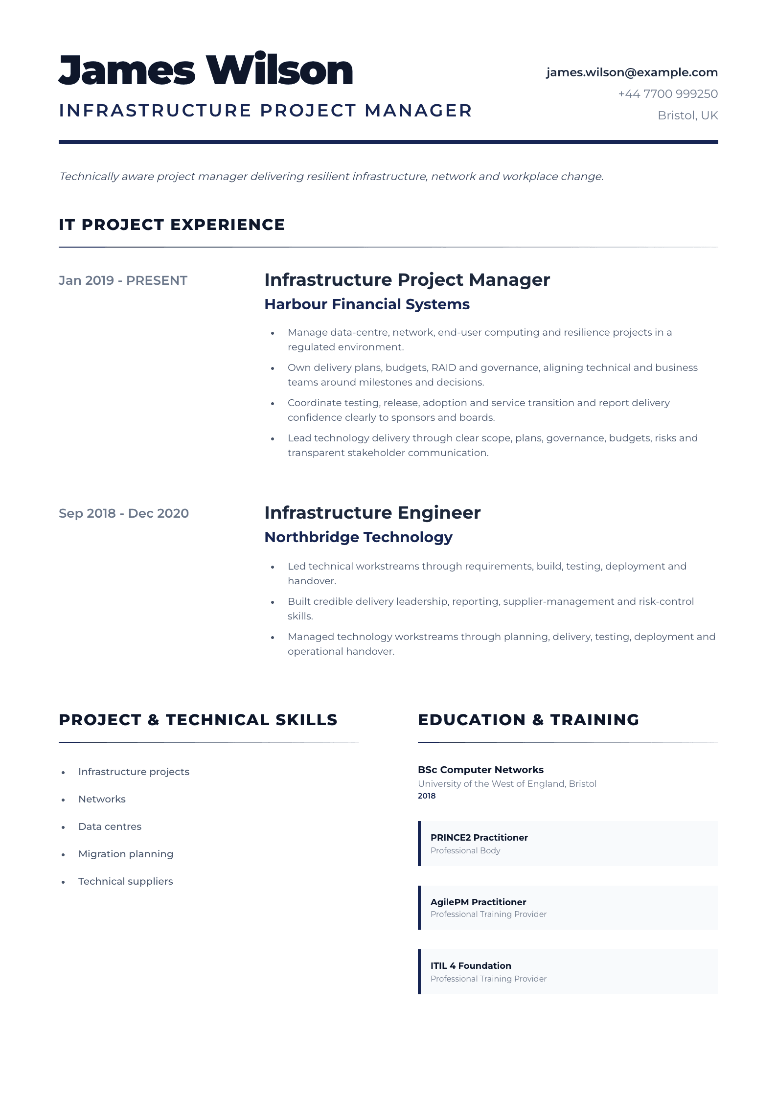 Infrastructure Project Manager CV template