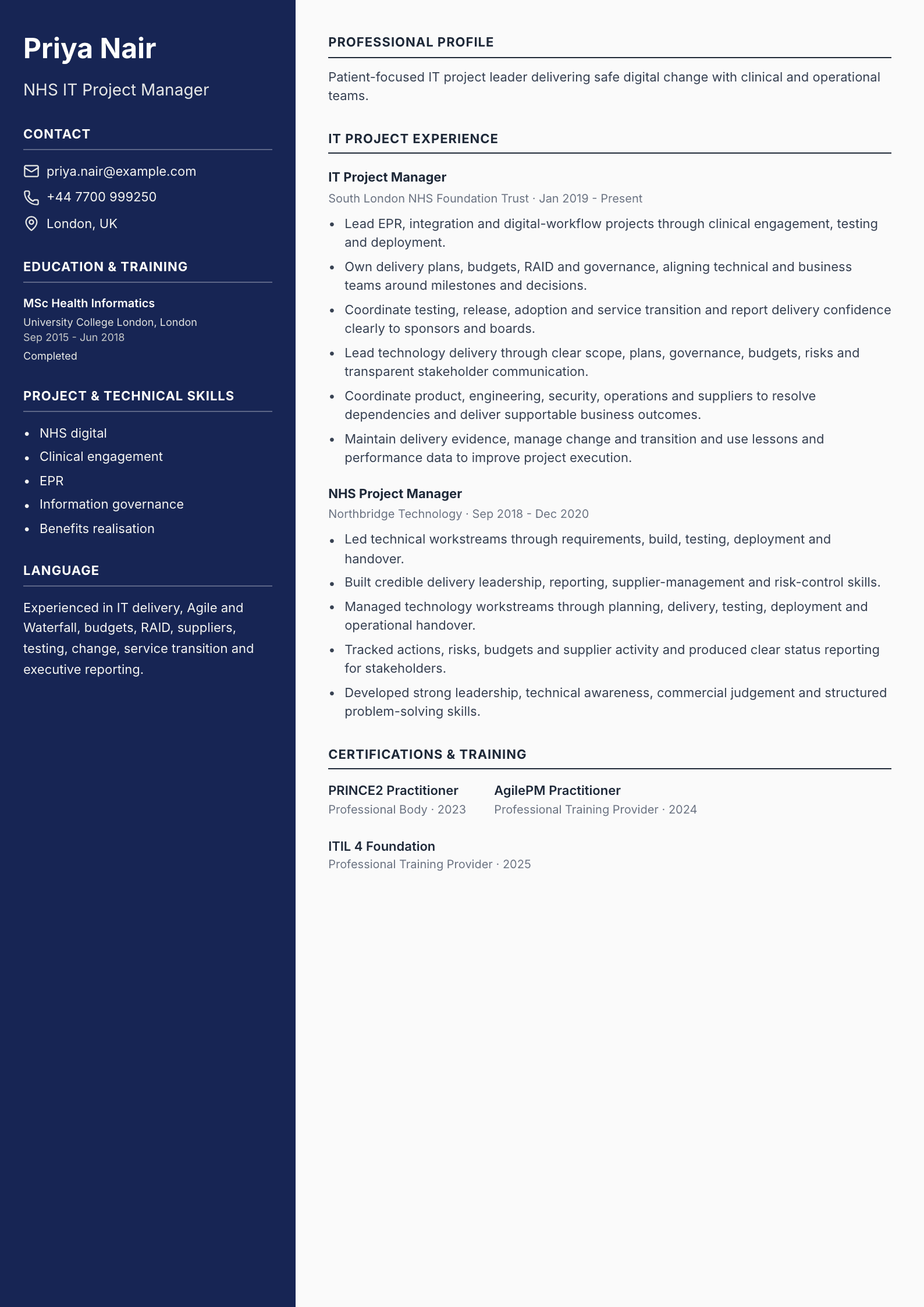 NHS IT Project Manager CV template