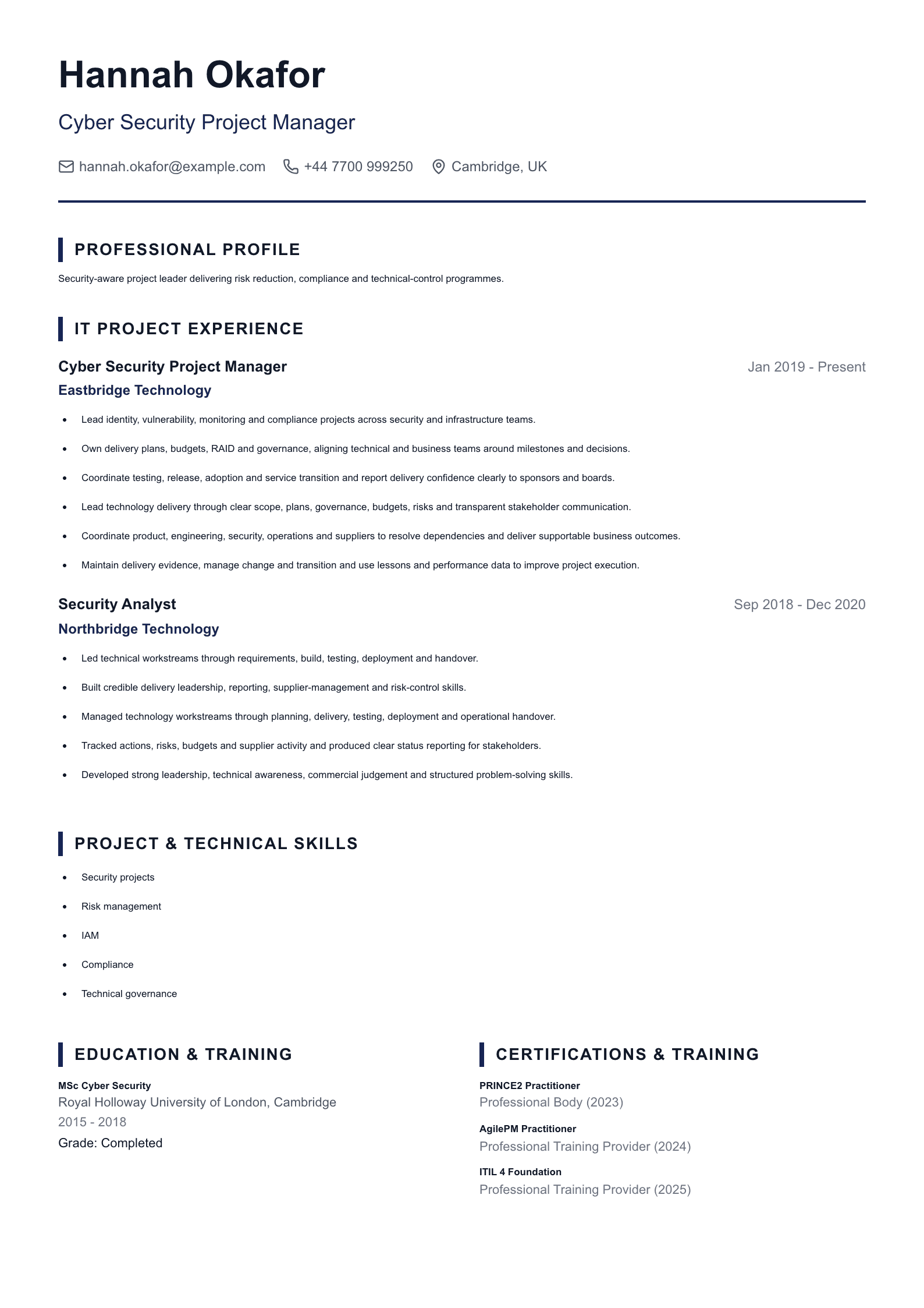 Cyber Security Project Manager CV template