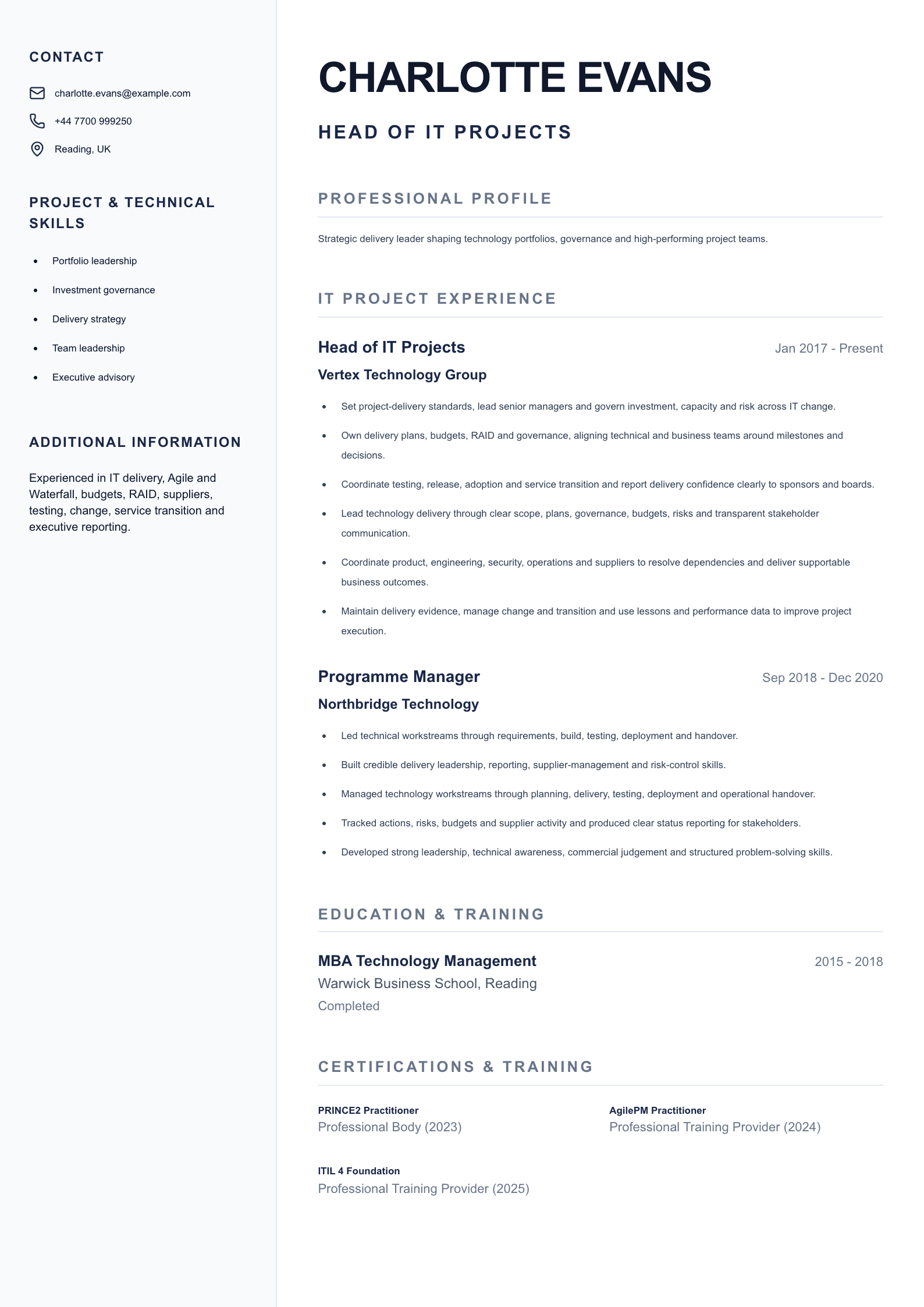 Head of IT Projects CV template
