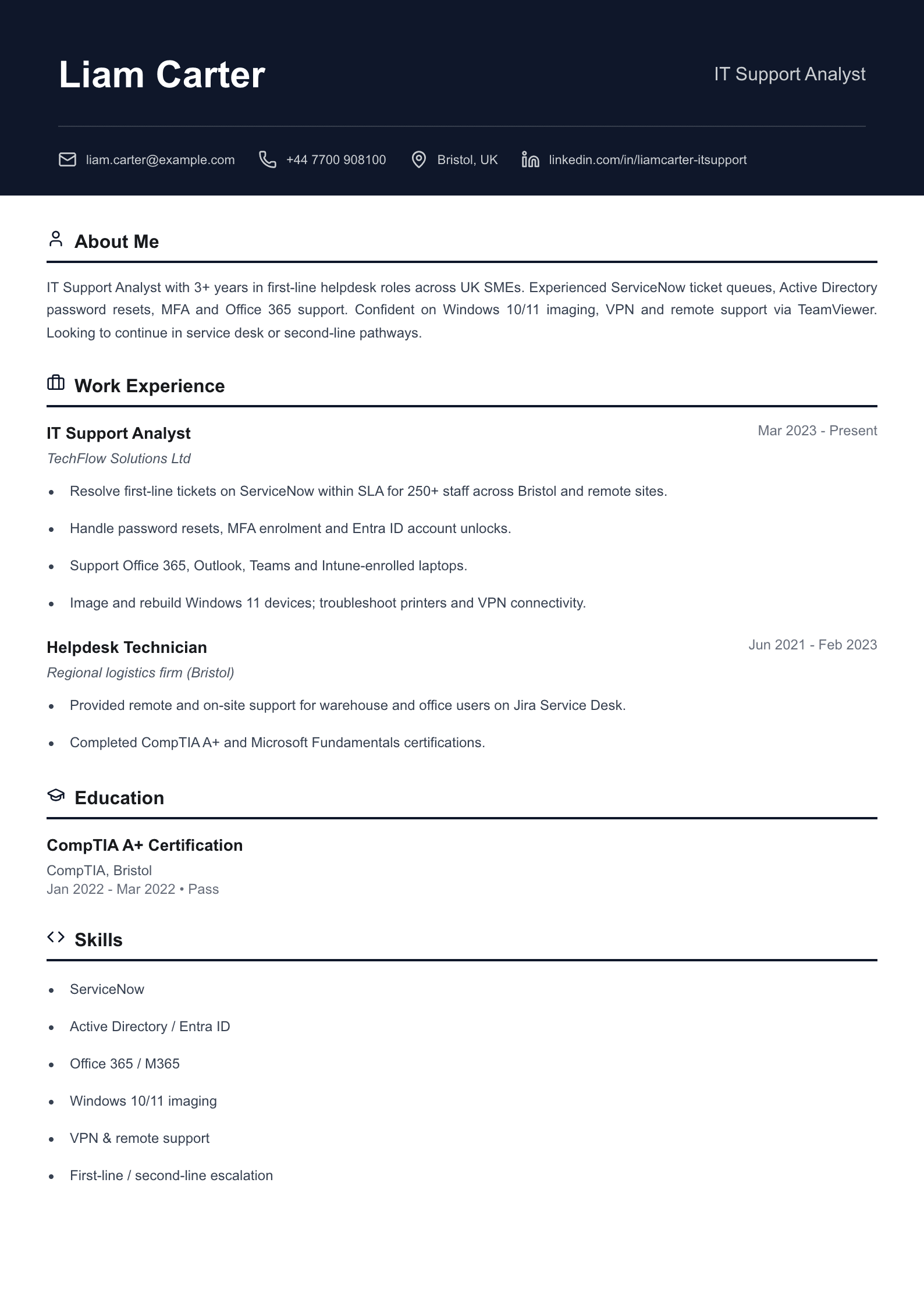 IT support analyst CV template