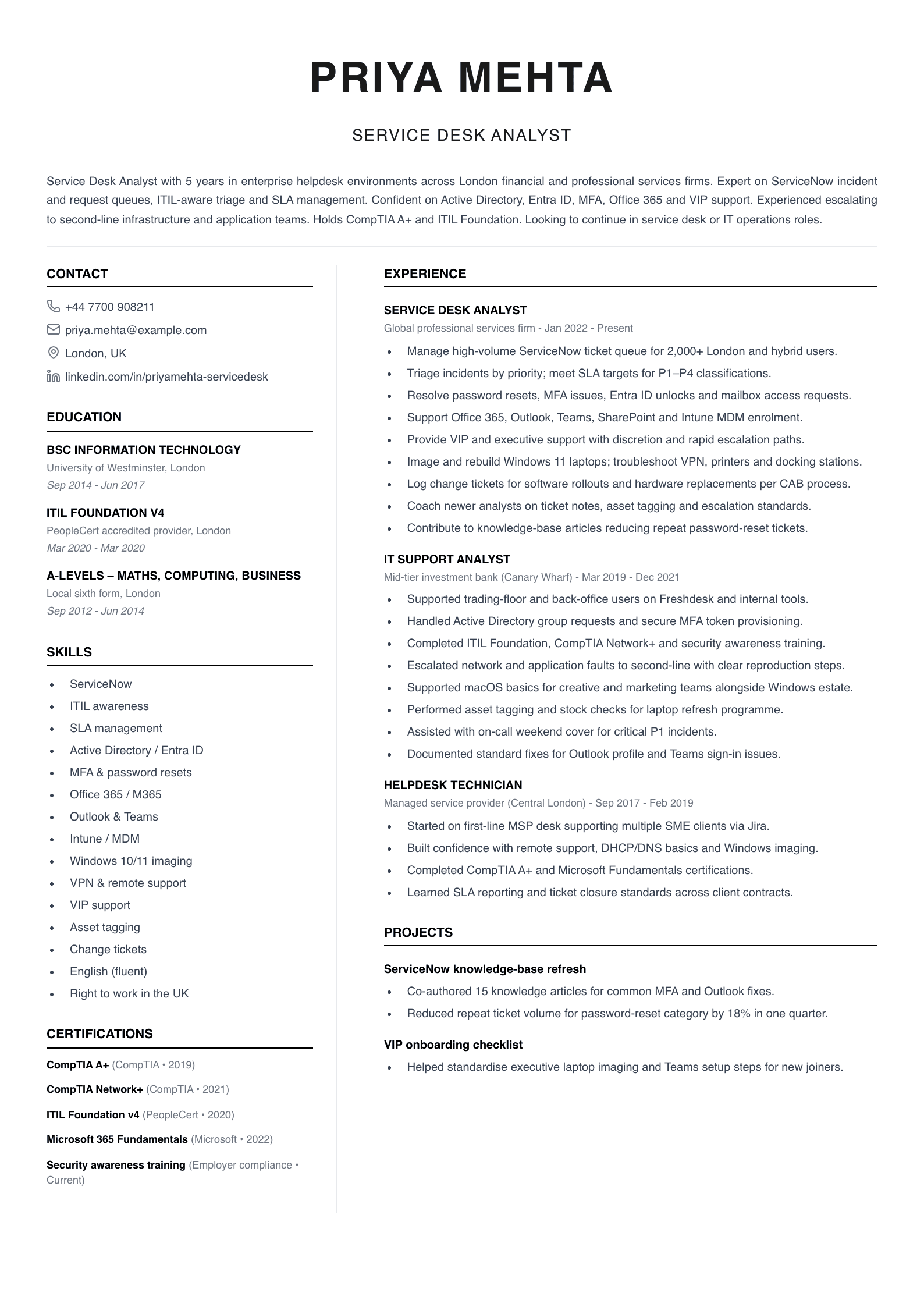 service desk analyst cv template