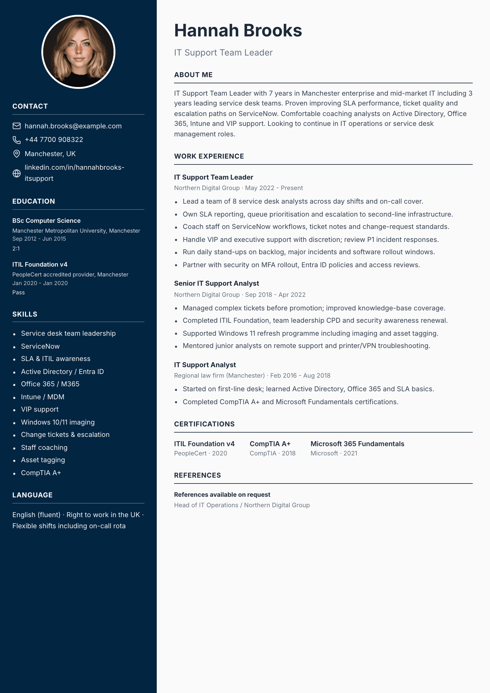 IT support team leader CV template