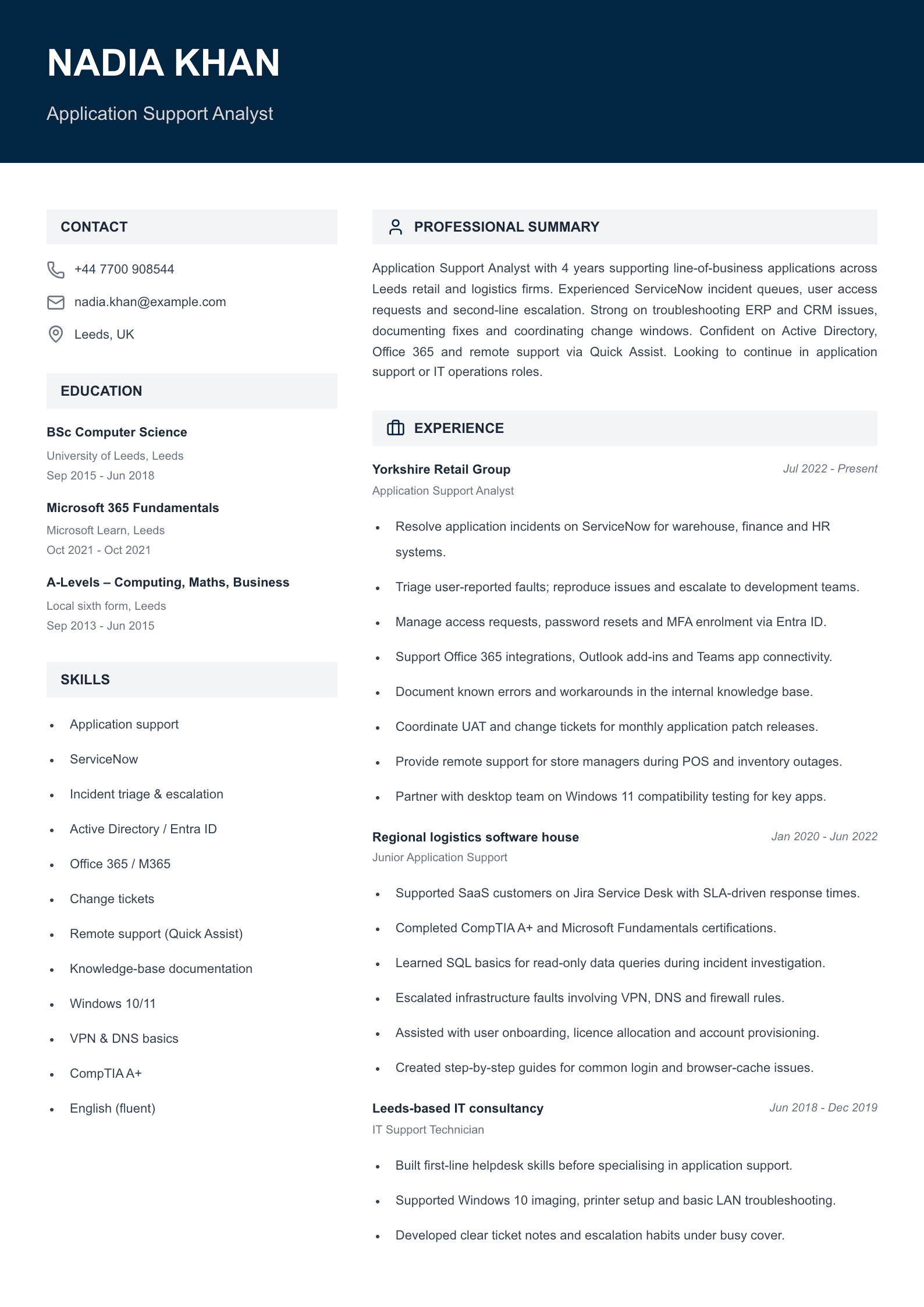 Application support analyst CV template