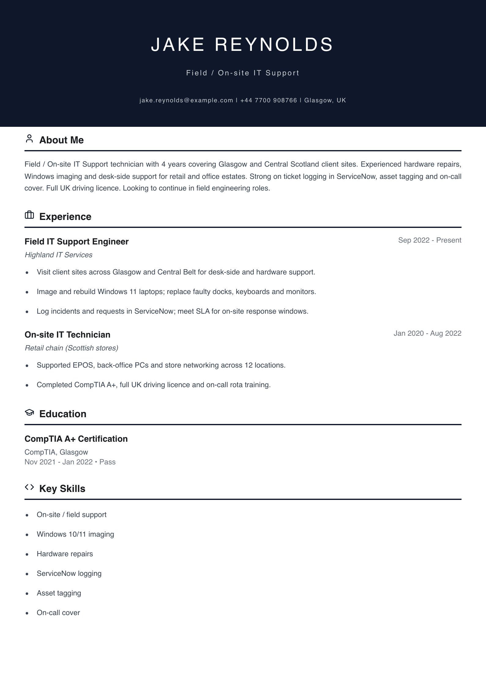 field IT support cv template