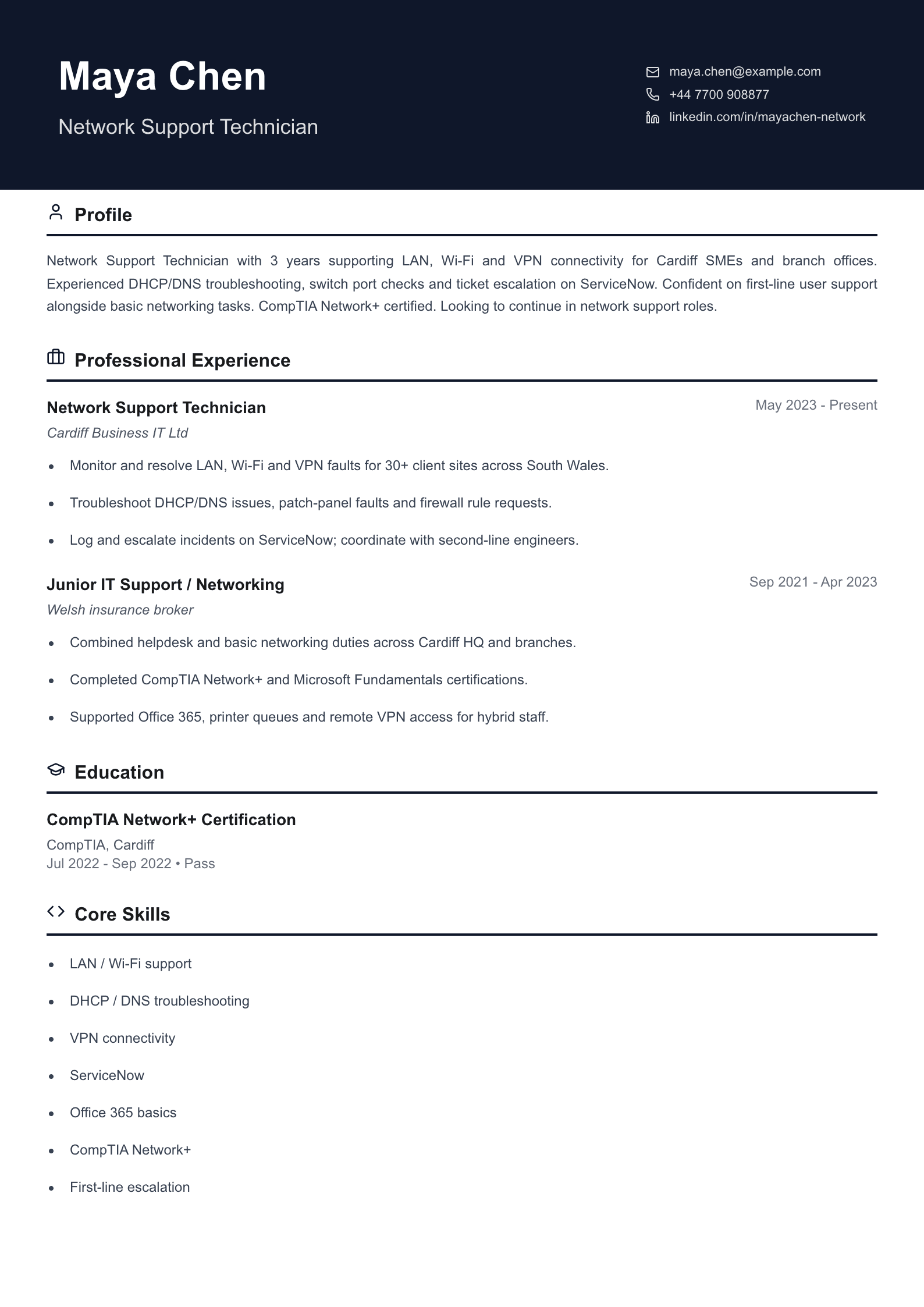 network support technician cv template
