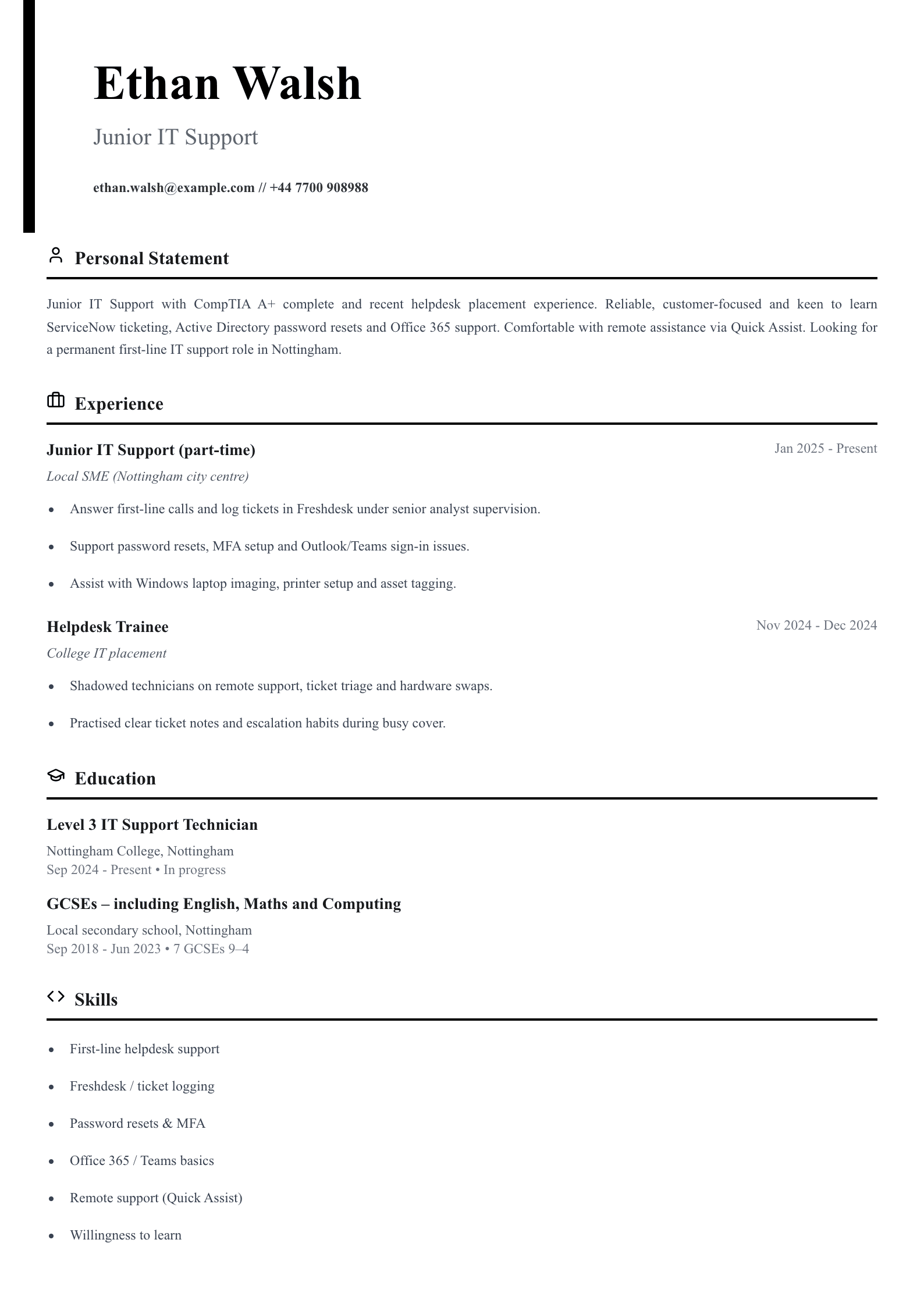 junior IT support cv template
