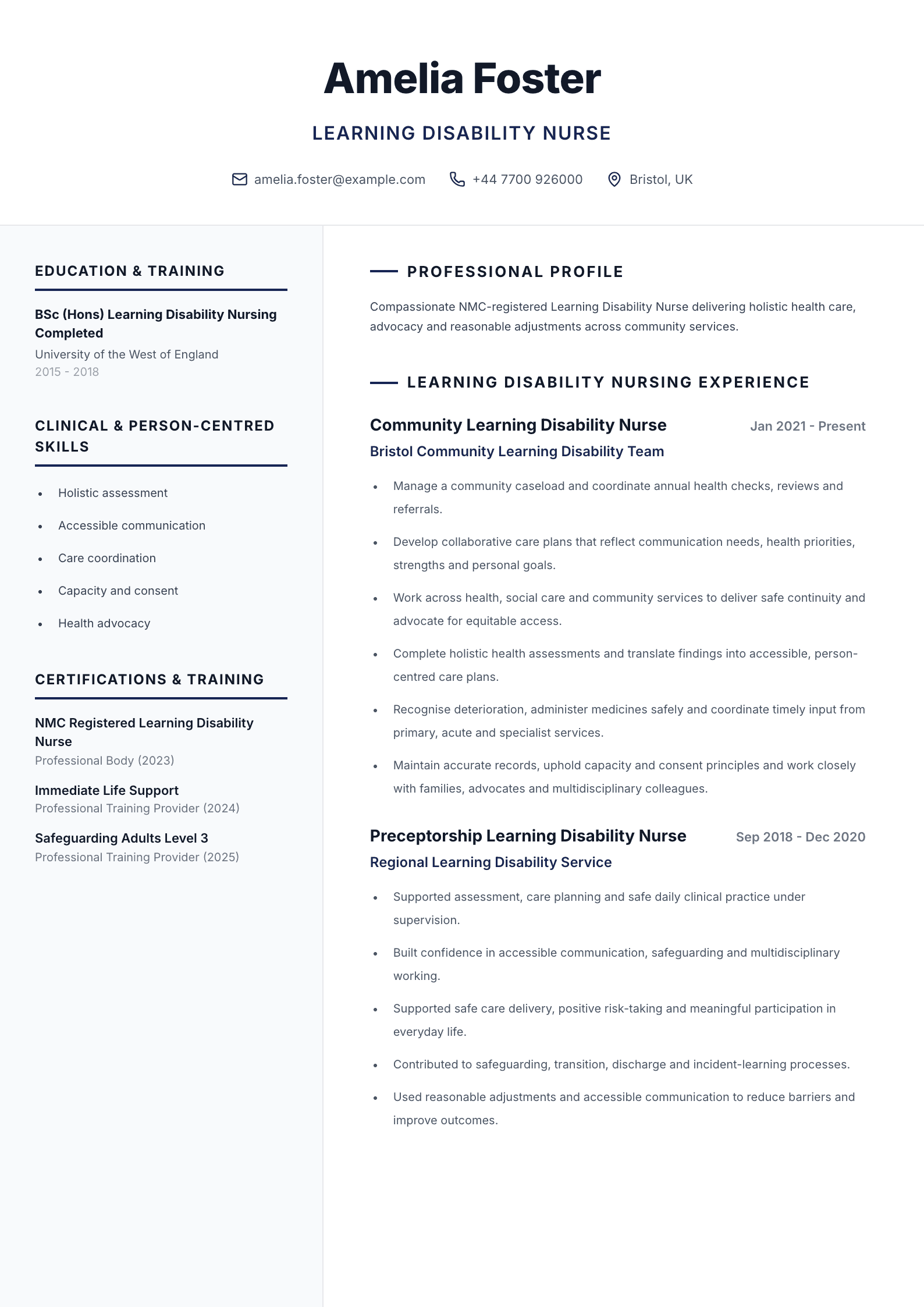 Learning disability nurse CV