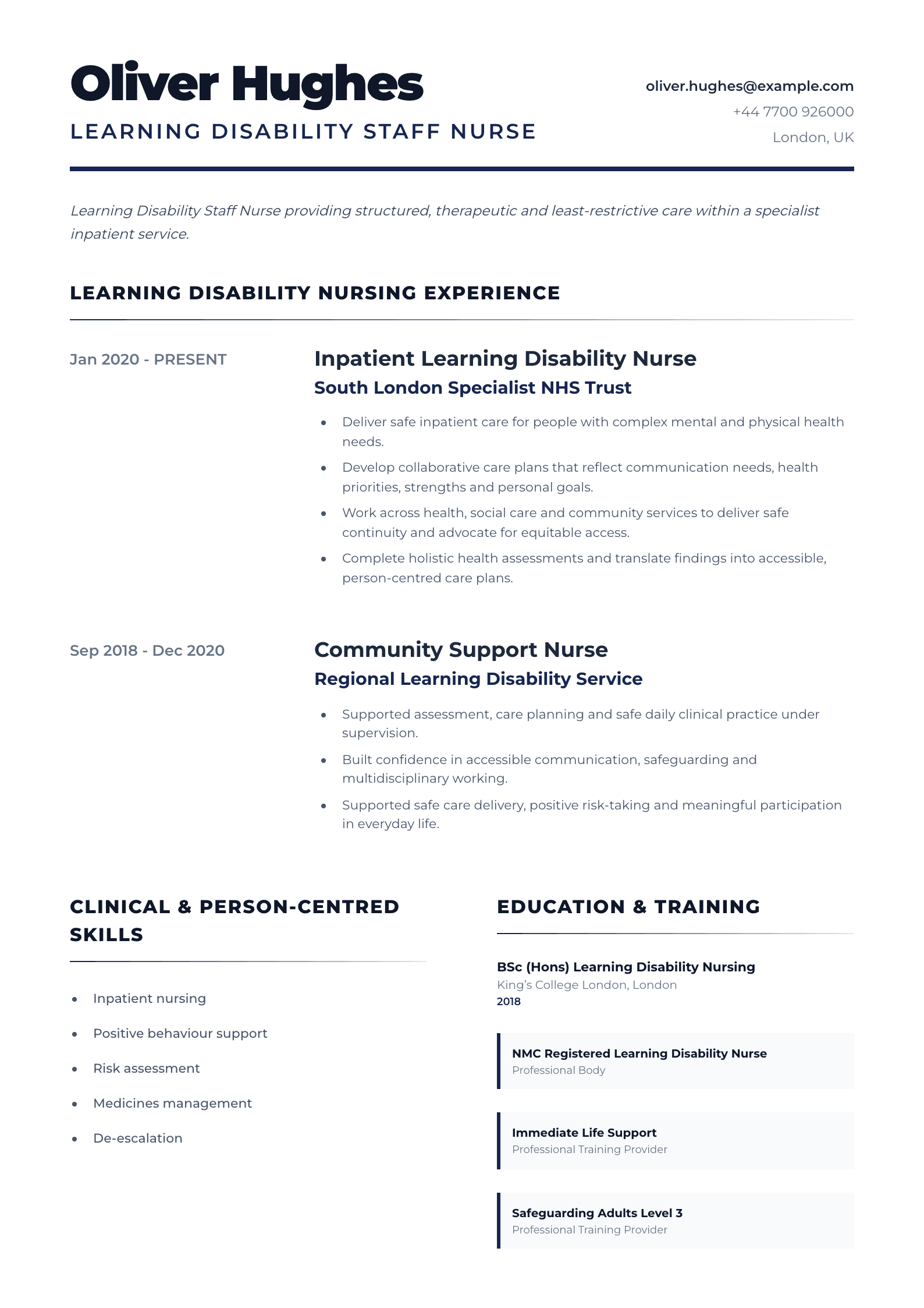Learning Disability Staff Nurse CV template