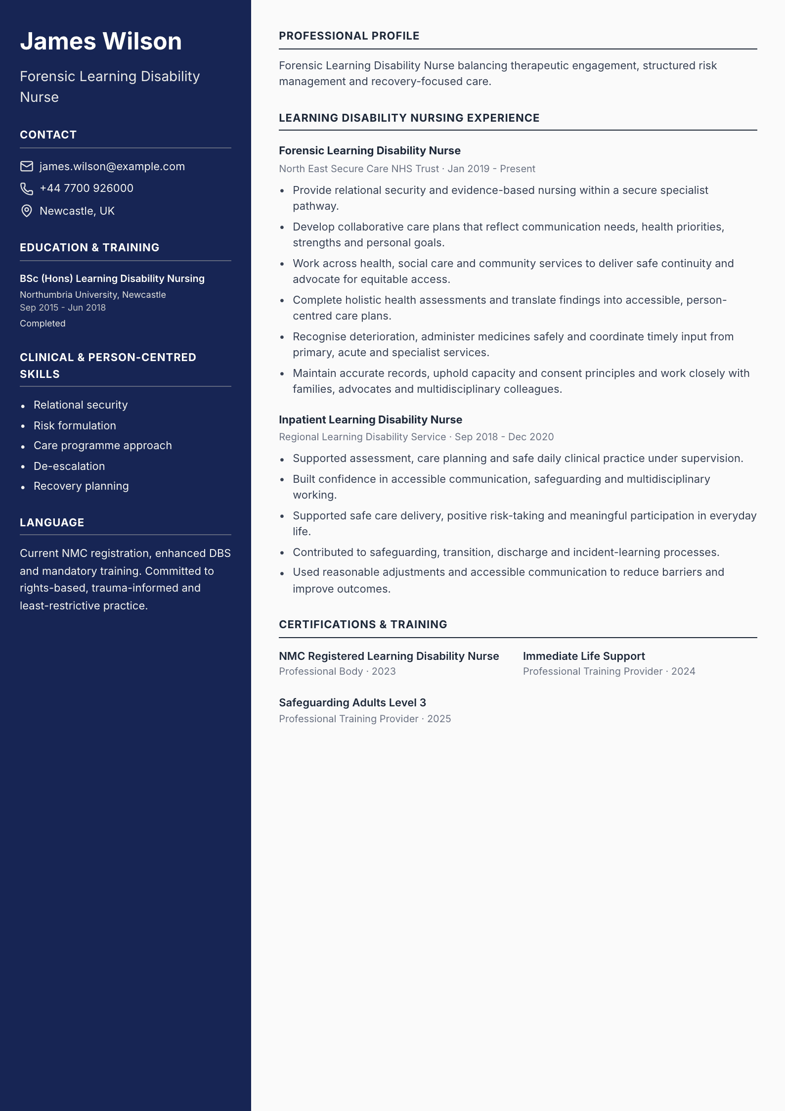 Forensic Learning Disability Nurse CV template