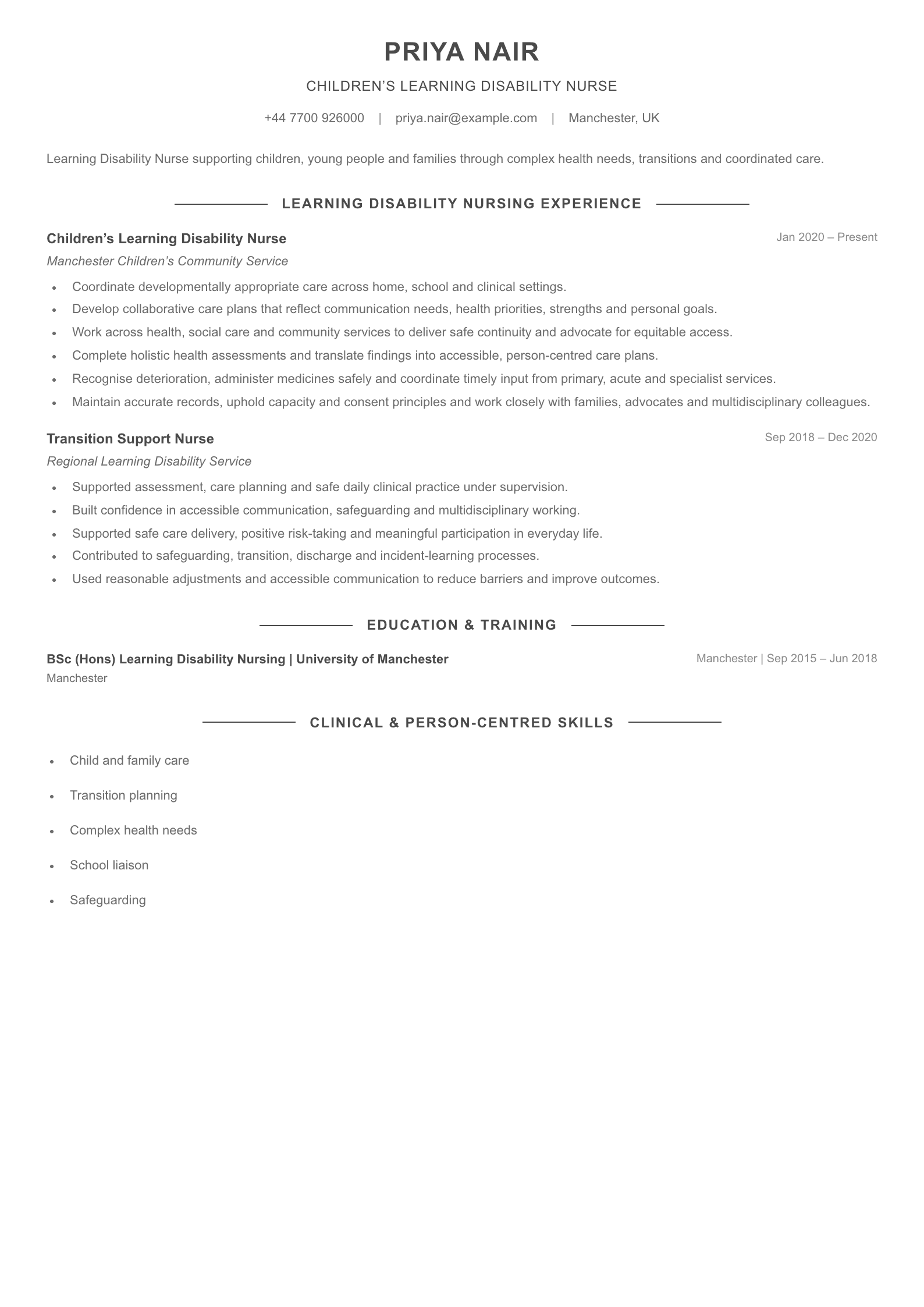 Children’s Learning Disability Nurse CV template